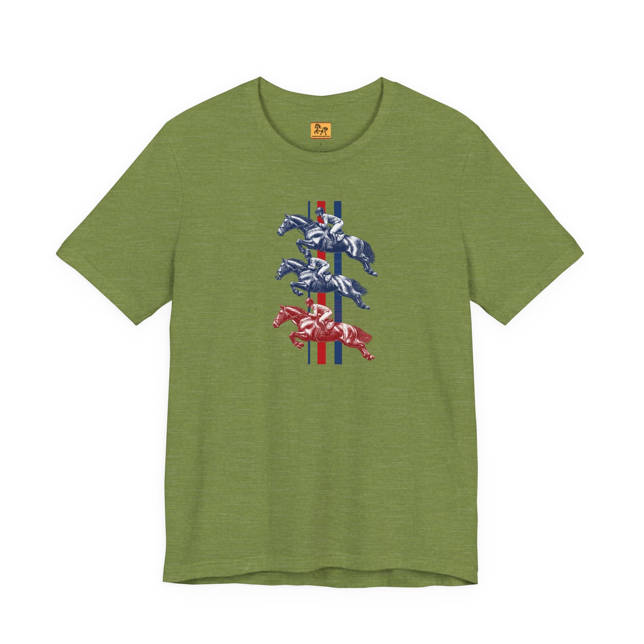 Vintage Show Jumping Horses T‑Shirt UK Red White Blue Equestrian Tee for Riders & Owners