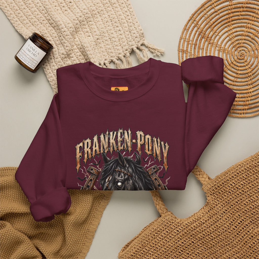 Franken-Pony Stables Est. 1818 Halloween Sweatshirt Gothic Horse Crest Crewneck