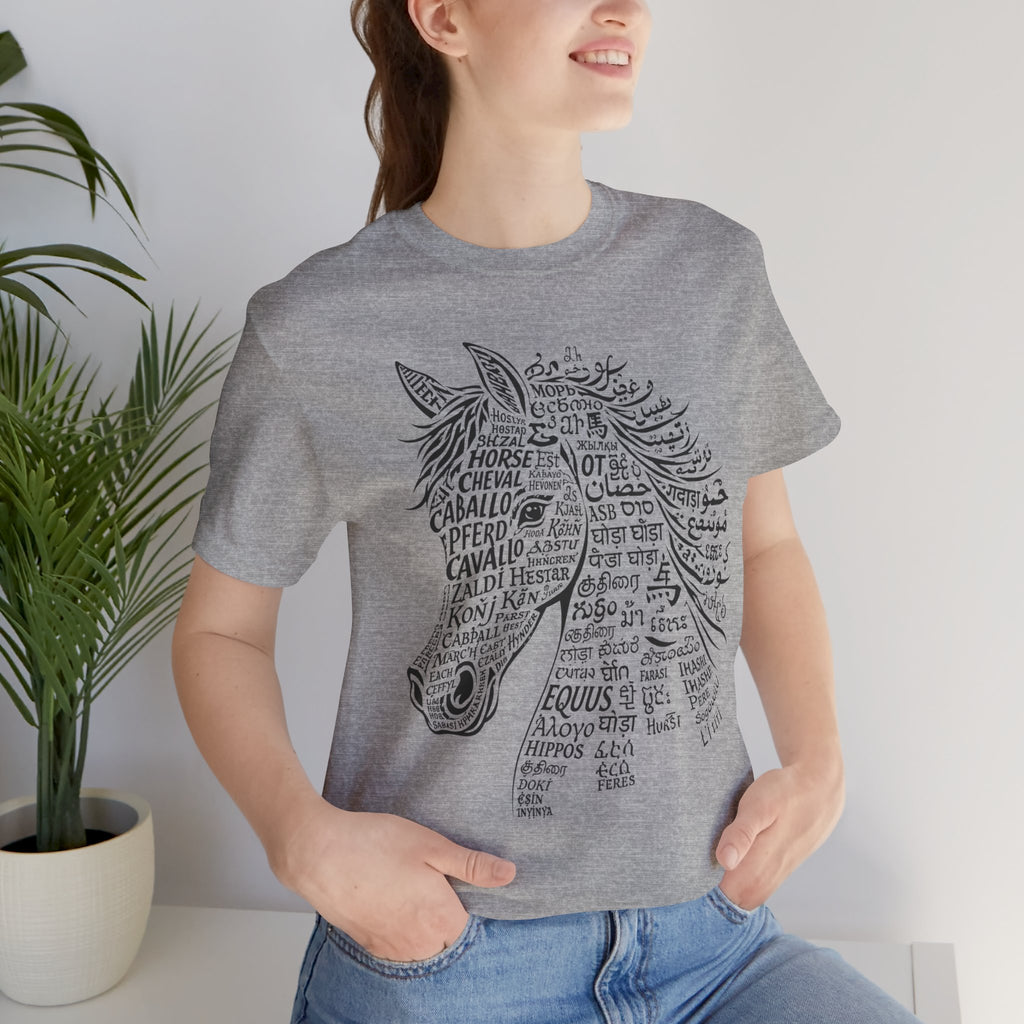 Horse design T Shirt created from the word horse in many languages Unique Horse Lover Gift Equestrian Art Tee