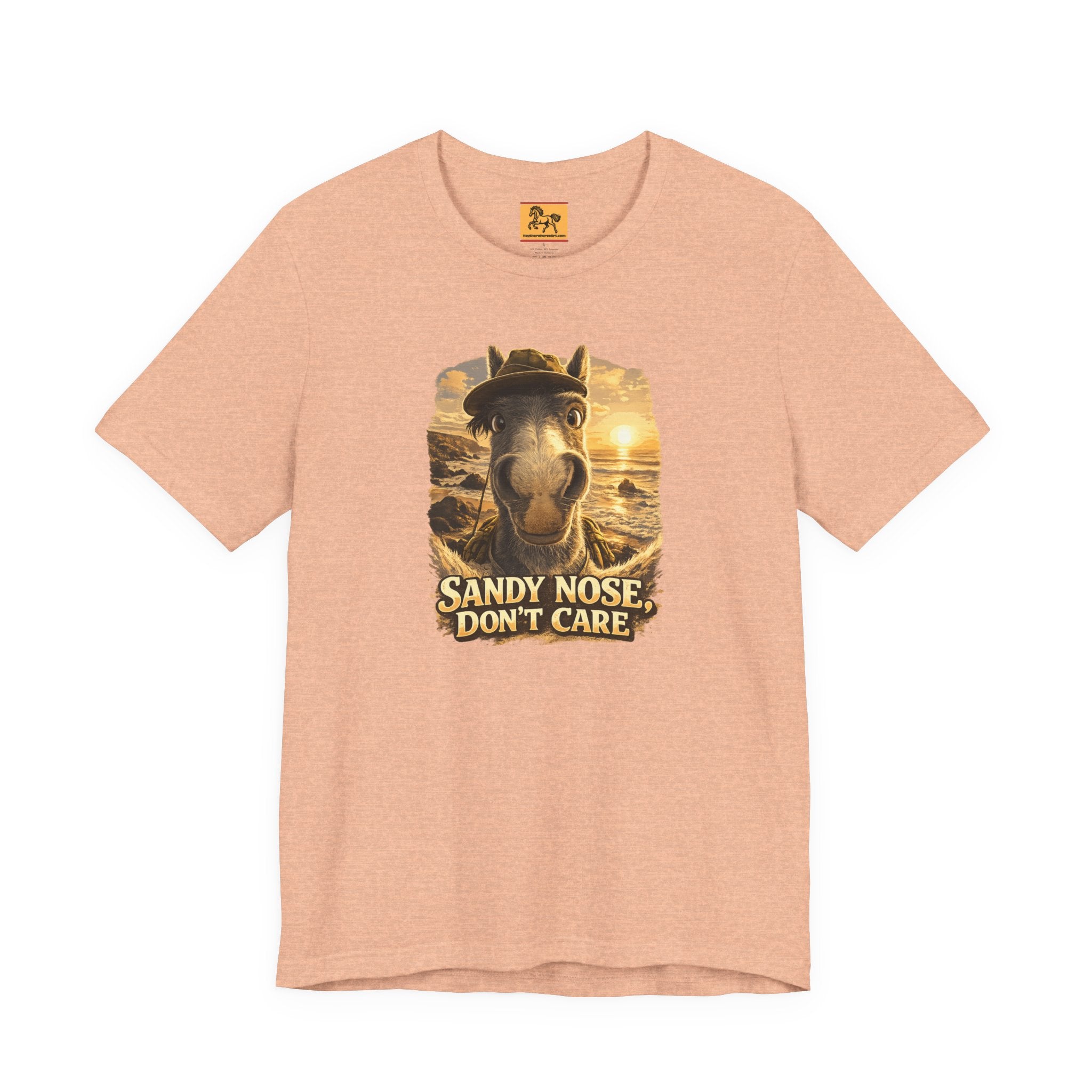 Sandy nose, don't care. A cheeky horse beach selfie tee for horse lovers who live for summer. Super soft Bella + Canvas 3001. Shop now at Hay There Horse Art.