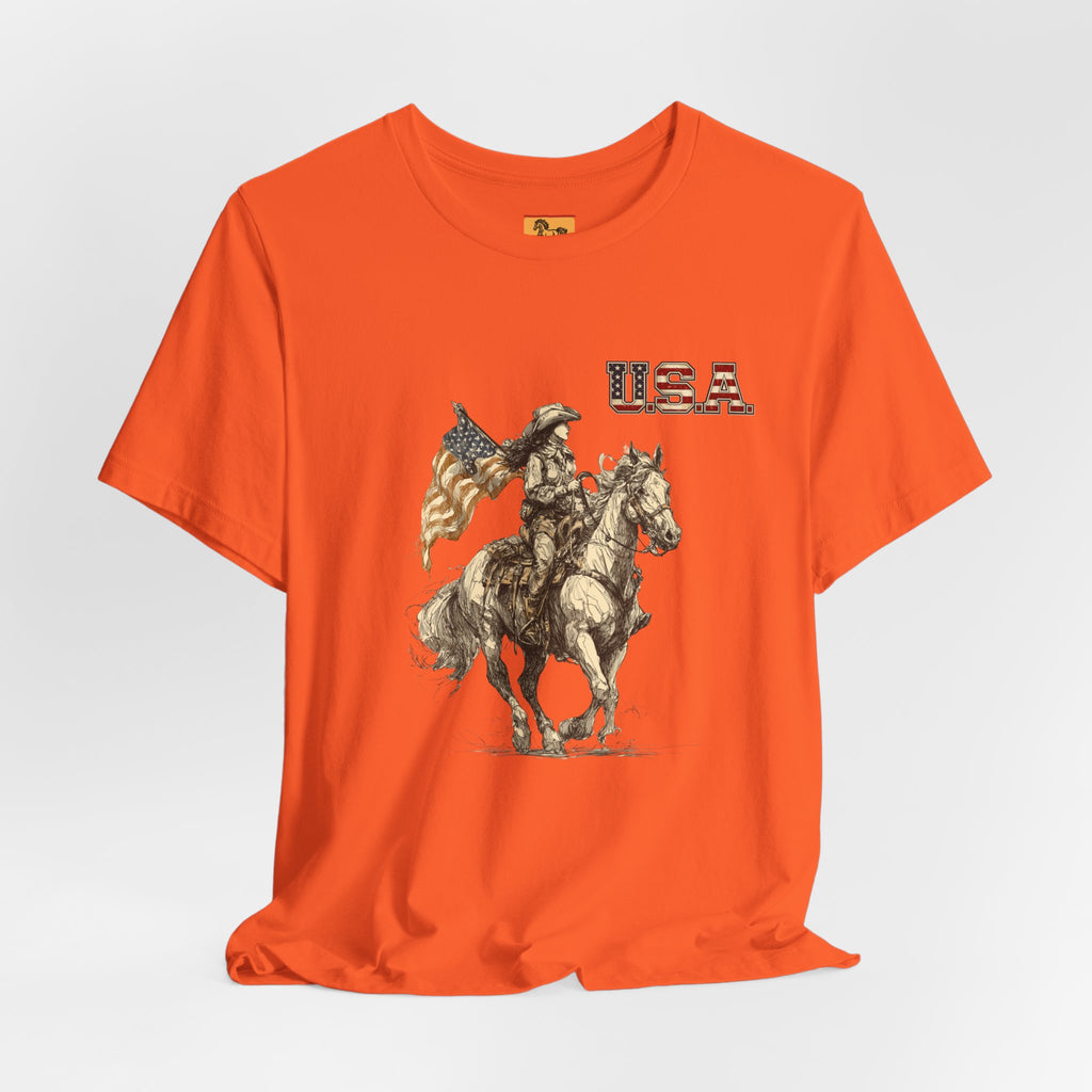 USA Flag & Cowgirl Rider T-Shirt | Patriotic Cowgirl on Horse Graphic Tee