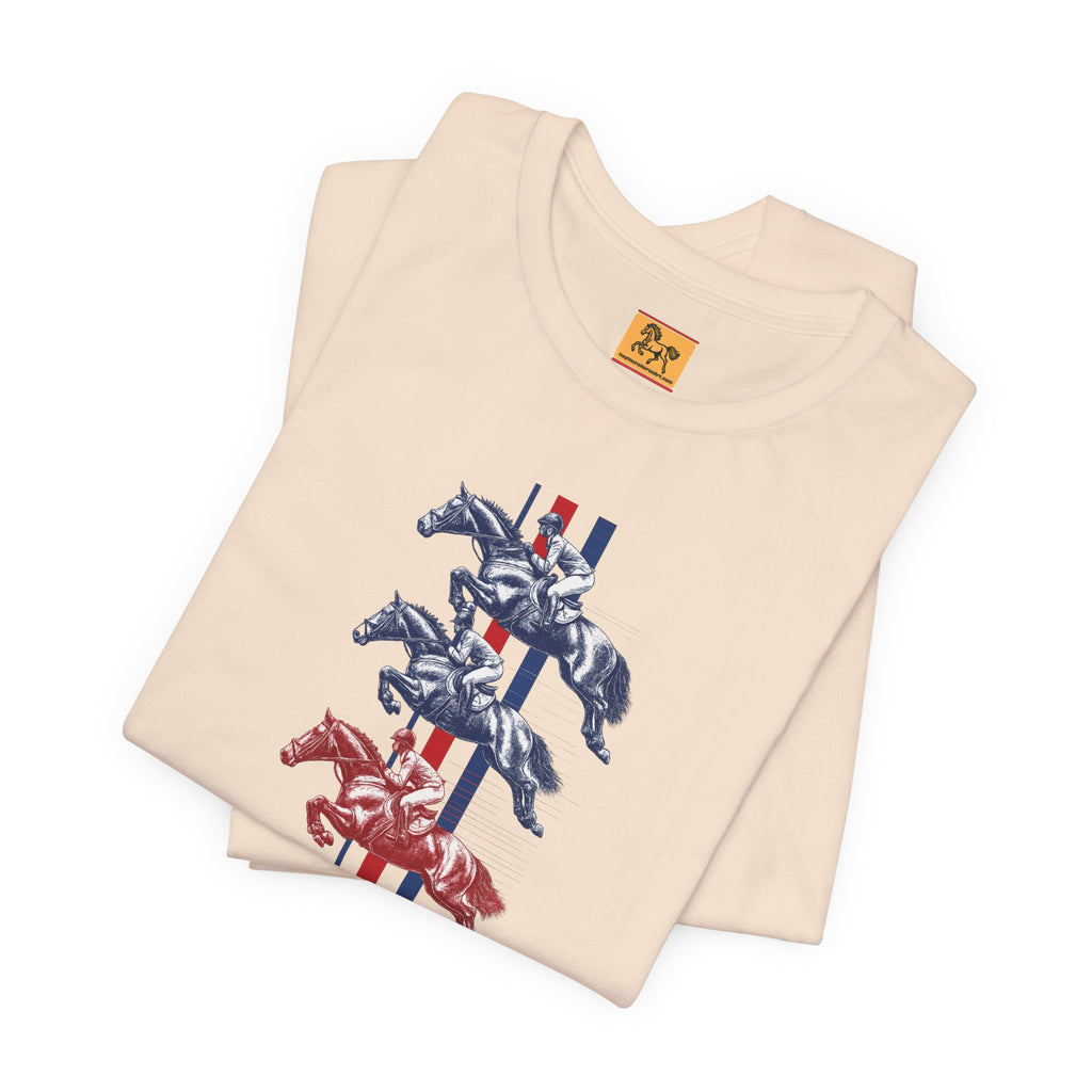Vintage Show Jumping Horses T‑Shirt UK Red White Blue Equestrian Tee for Riders & Owners