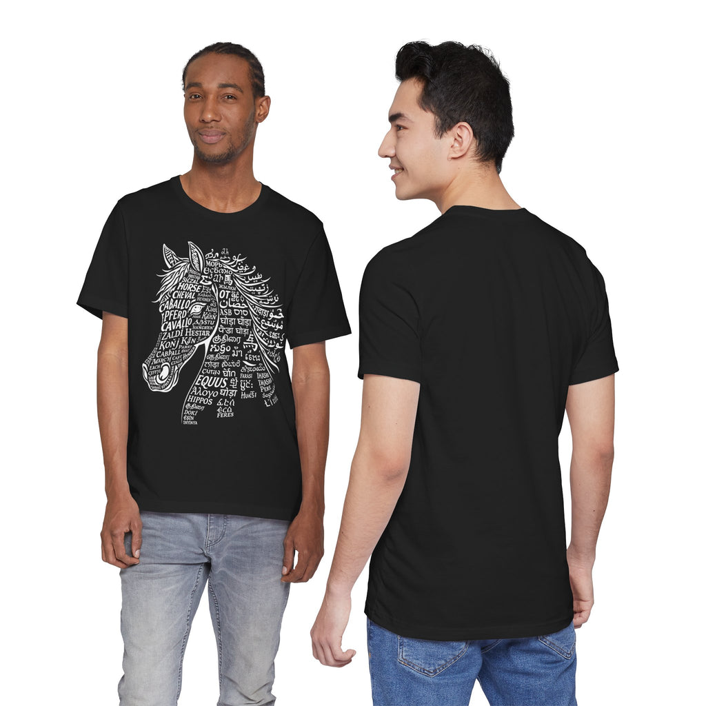 Horse design T Shirt created from the word horse in many languages Unique Horse Lover Gift Equestrian Art Tee