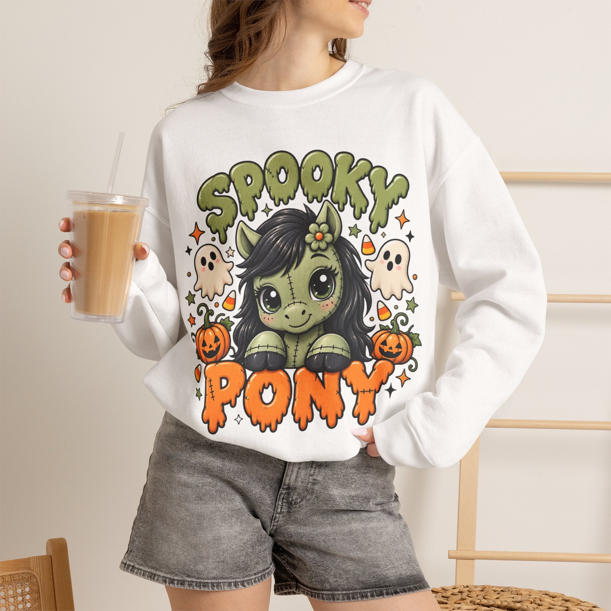 Spooky Pony Cute Halloween Sweatshirt Kawaii Stitched Pony Crewneck