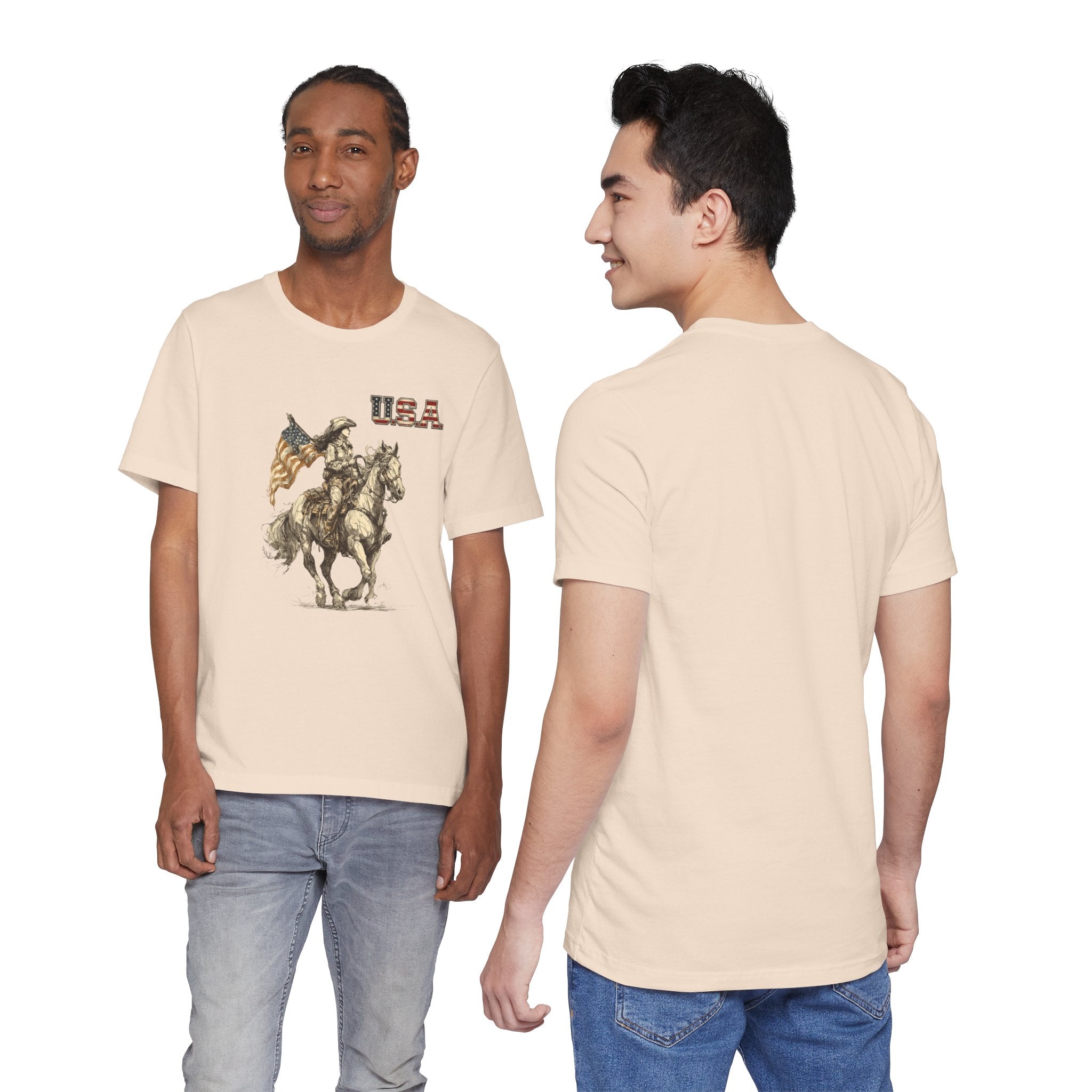 USA Flag & Cowgirl Rider T-Shirt | Patriotic Cowgirl on Horse Graphic Tee