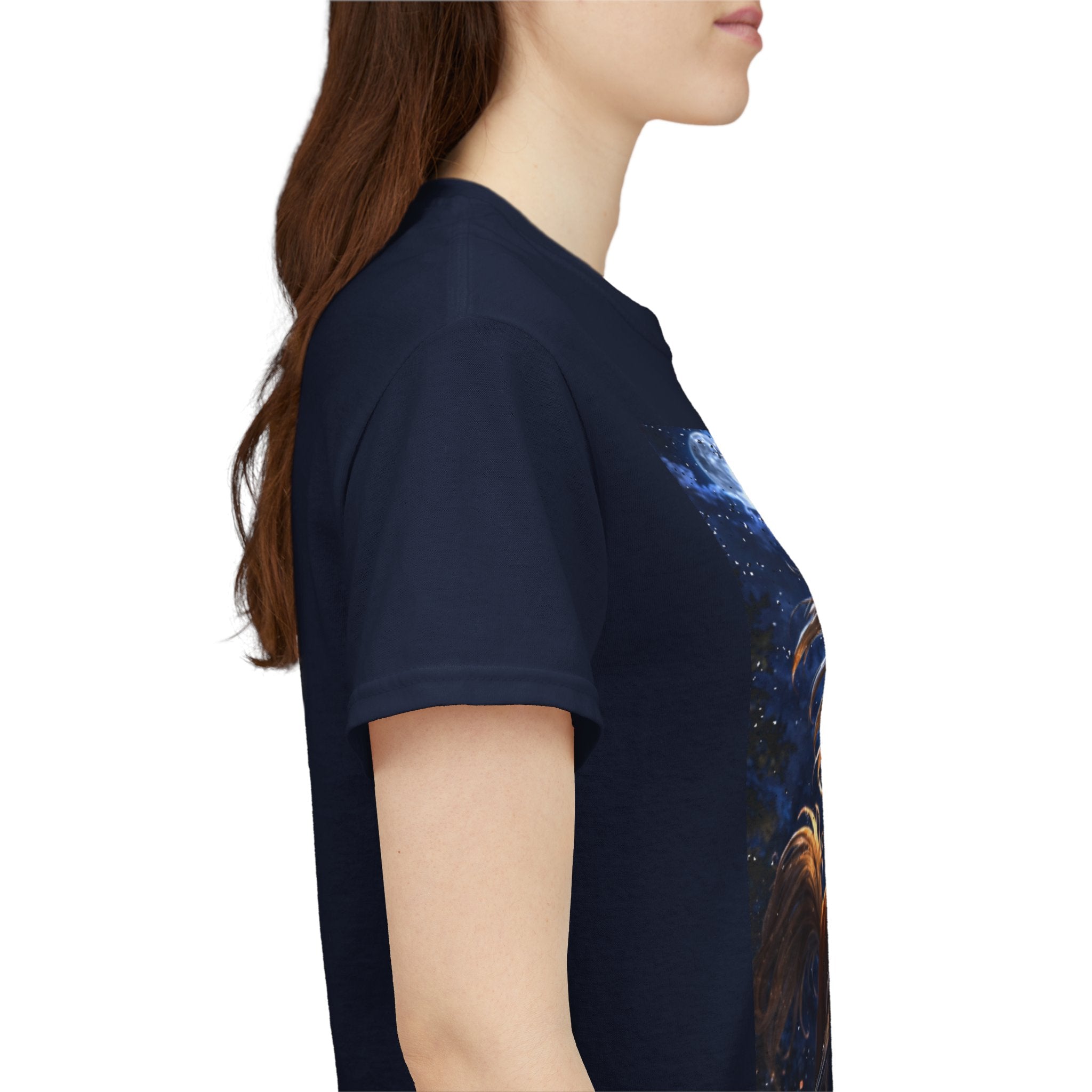 Person showing sleeve length of Horse UFO selfy Tee shirt Navy Blue