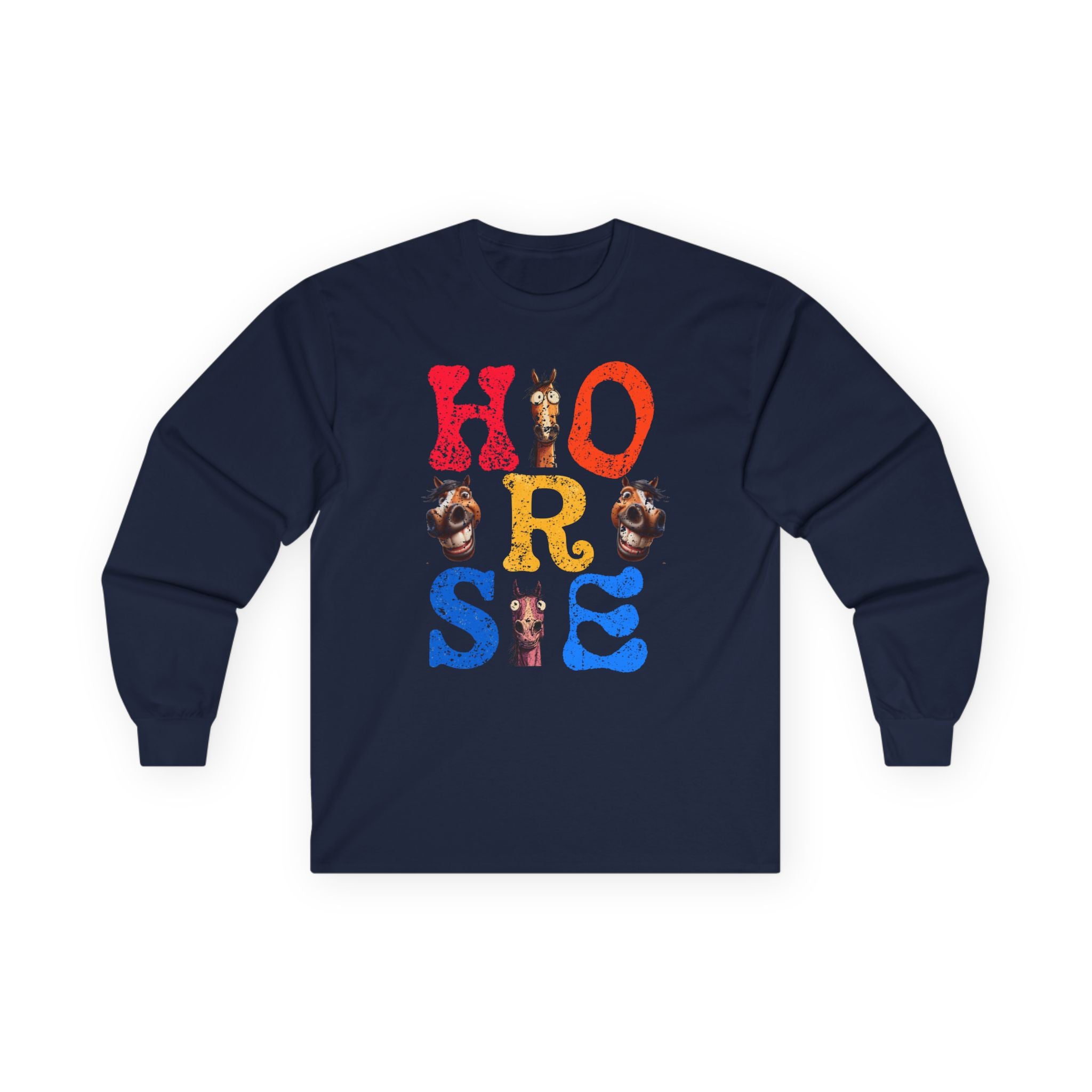 Illustrated "Horse" Lettering Design Long Sleeve T-Shirt | Equestrian Typography Tee