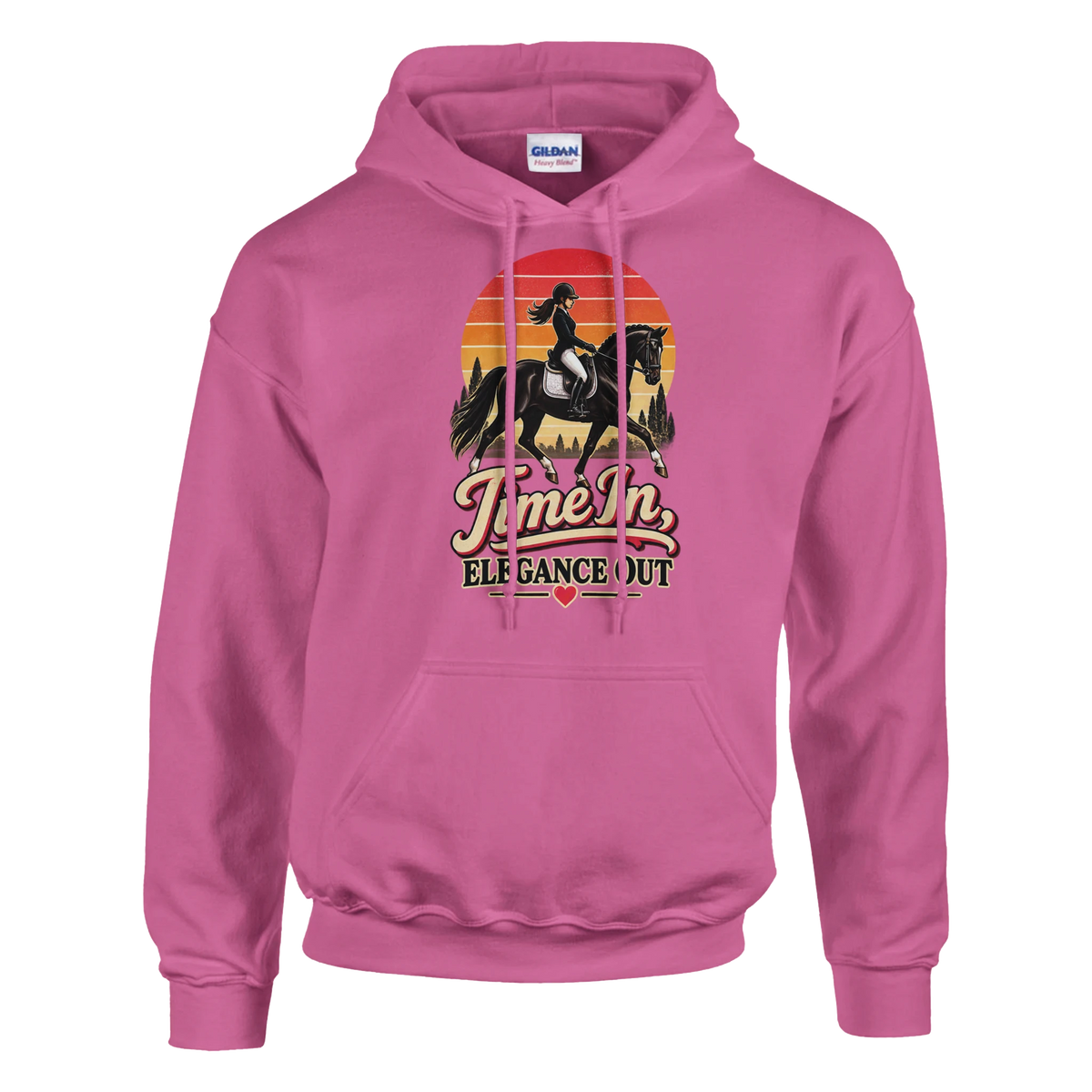 Azalea pink dressage hoodie with a retro sunset, pine trees and black horse