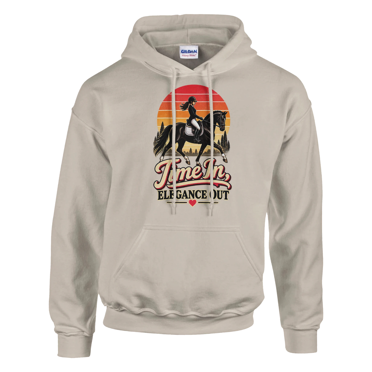 Sand Time In, Elegance Out hoodie with a vintage sunset and dressage horse design