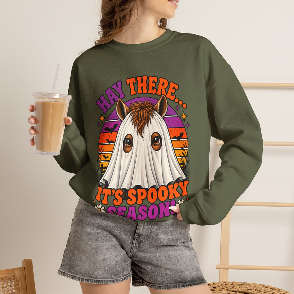 Hay There, It's Spooky Season! Ghost Horse Halloween Sweatshirt Funny Equestrian Crewneck