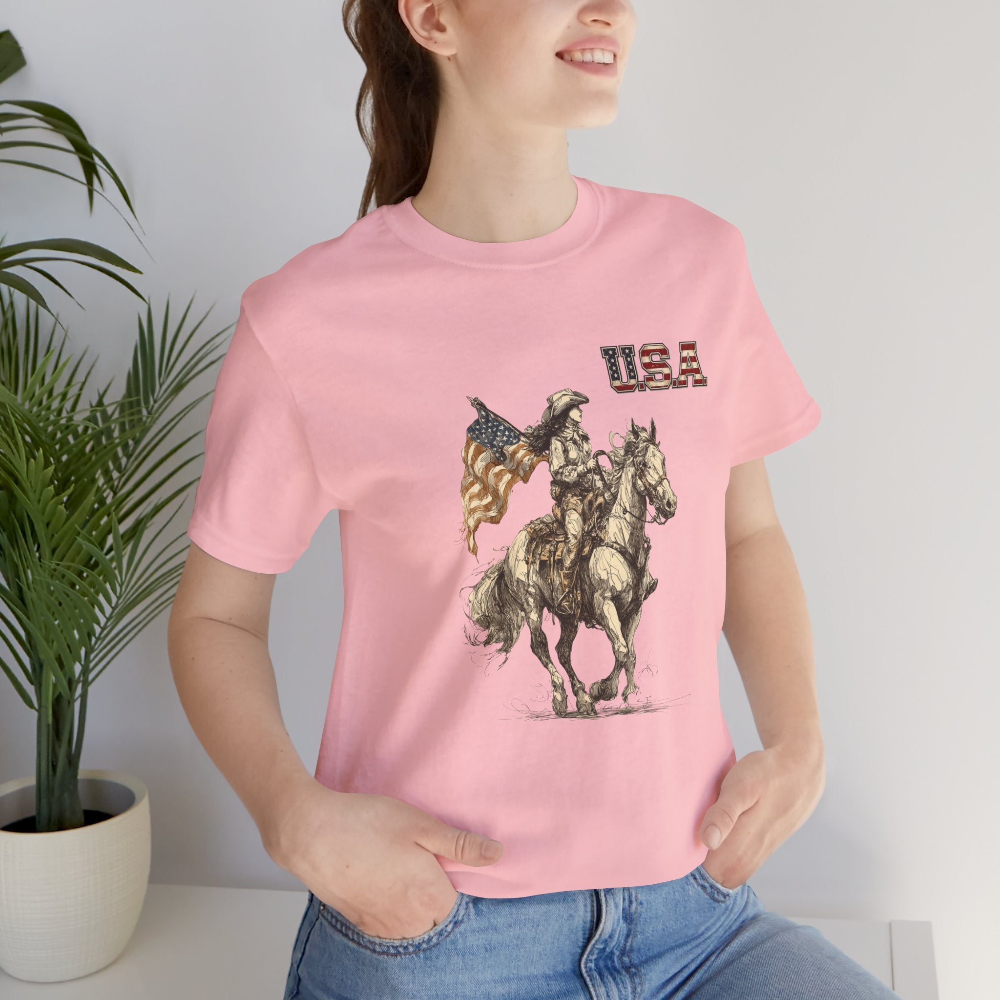 USA Flag & Cowgirl Rider T-Shirt | Patriotic Cowgirl on Horse Graphic Tee