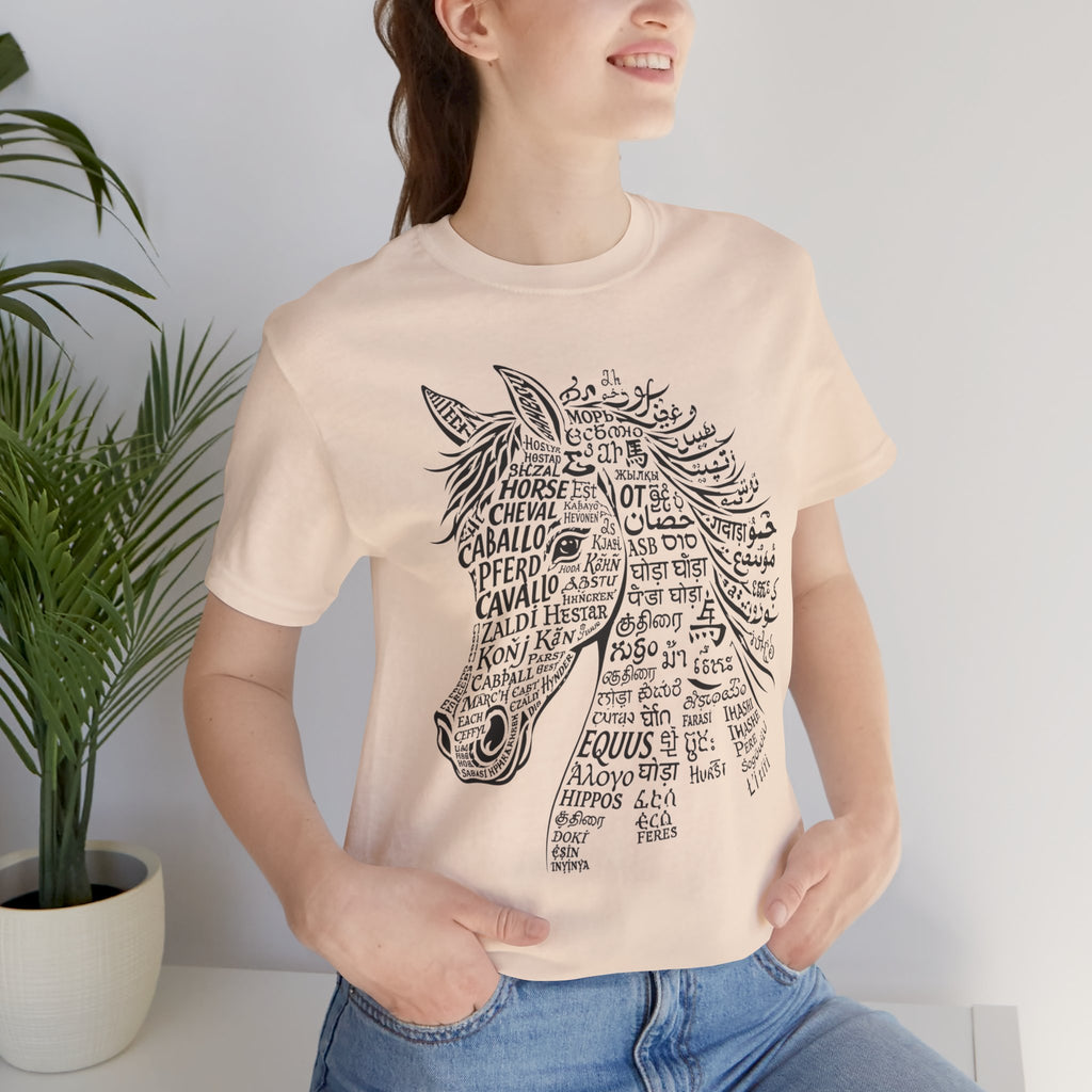 Horse design T Shirt created from the word horse in many languages Unique Horse Lover Gift Equestrian Art Tee