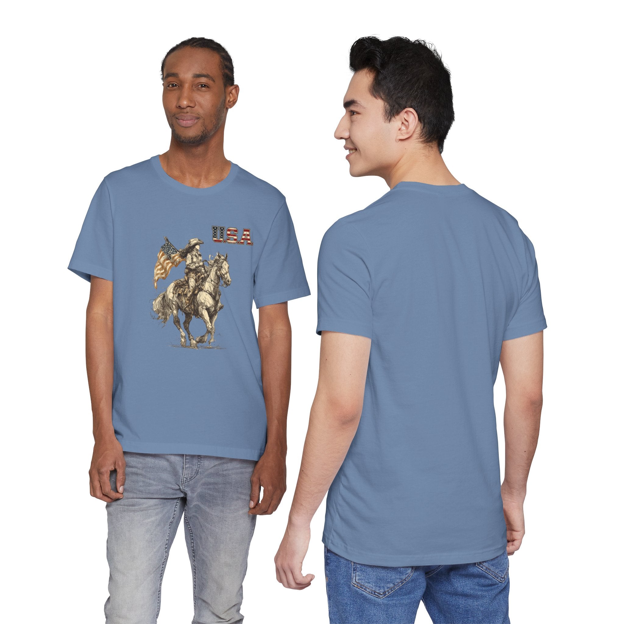 USA Flag & Cowgirl Rider T-Shirt | Patriotic Cowgirl on Horse Graphic Tee