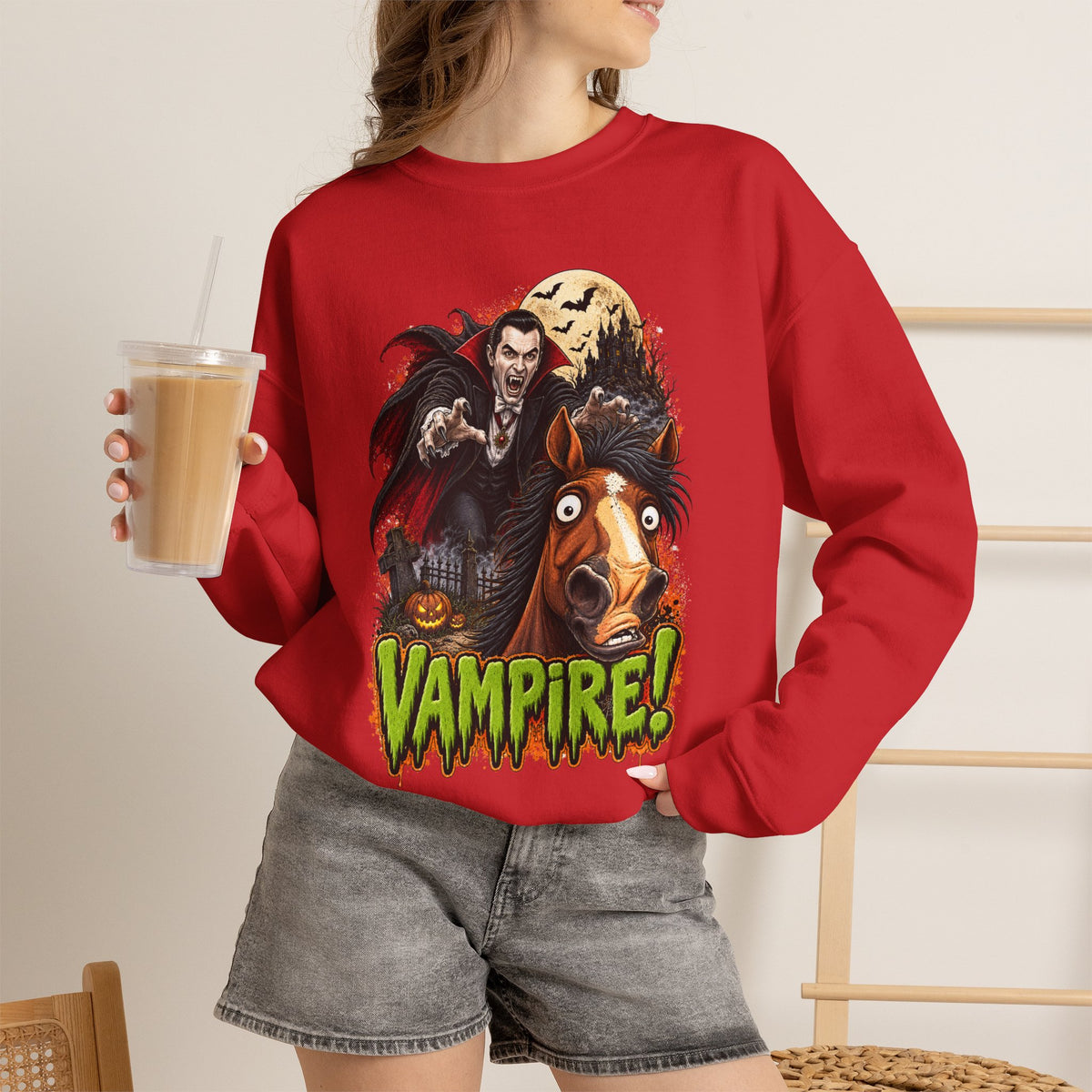 Vampire! Spooky Horse Halloween Sweatshirt Funny Haunted Pony Crewneck