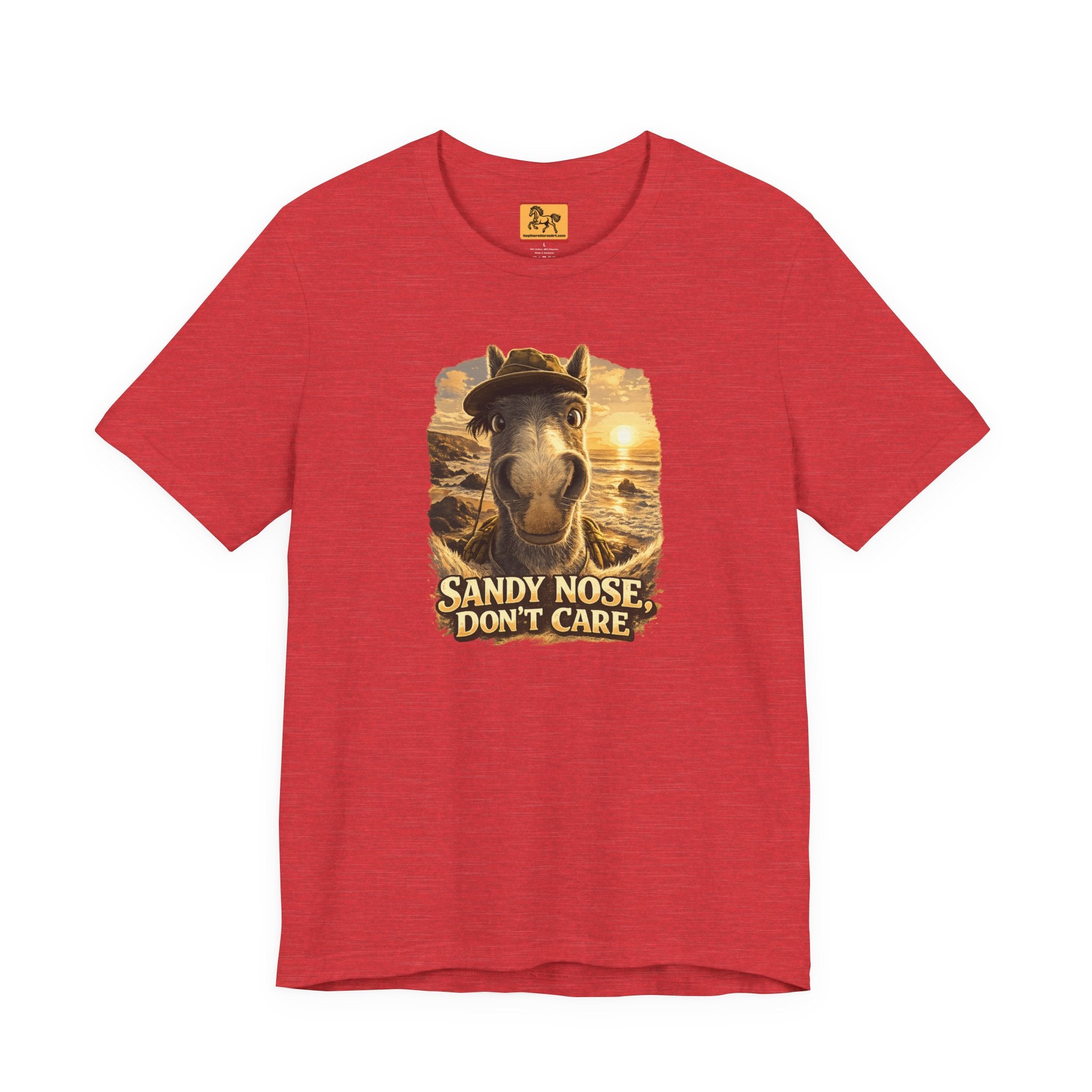 Sandy nose, don't care. A cheeky horse beach selfie tee for horse lovers who live for summer. Super soft Bella + Canvas 3001. Shop now at Hay There Horse Art.