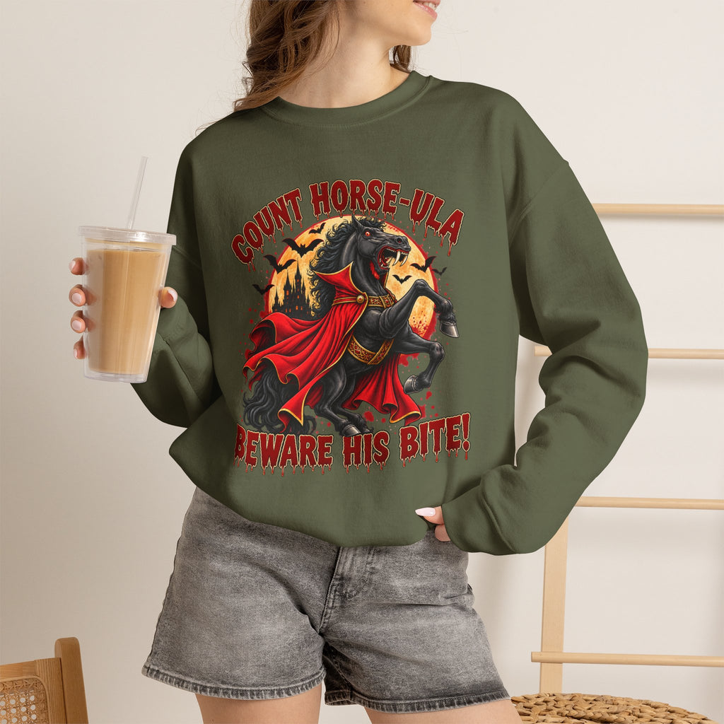 Count Horse-ula Halloween Sweatshirt Vampire Horse Crewneck, Beware His Bite