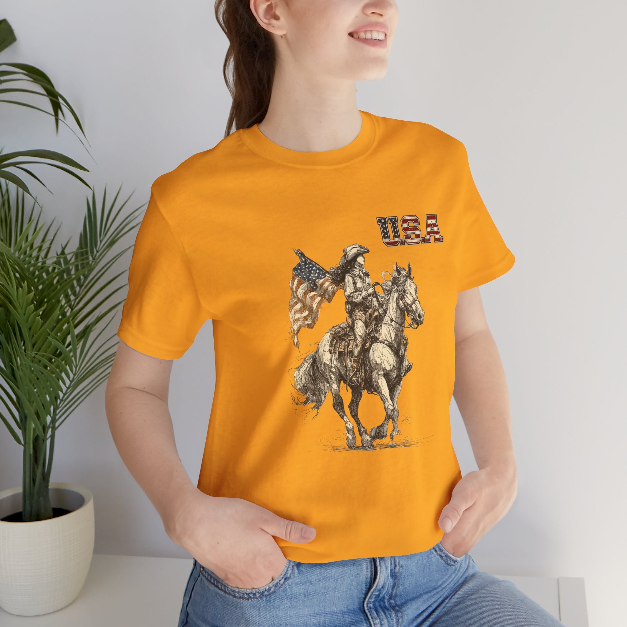 USA Flag & Cowgirl Rider T-Shirt | Patriotic Cowgirl on Horse Graphic Tee