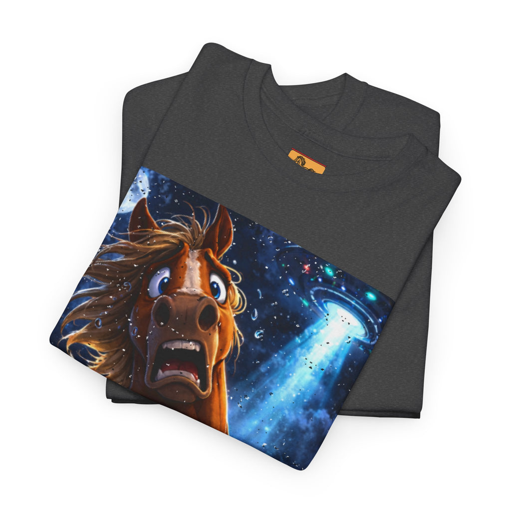 Folded Gray  t-shirt with a horse selfie graphic and a UFO funny tee