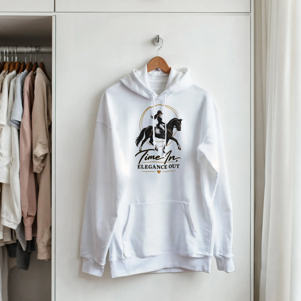 White Time In, Elegance Out dressage hoodie by Hay There Horse Art, view 8 shown hanging on a closet door.