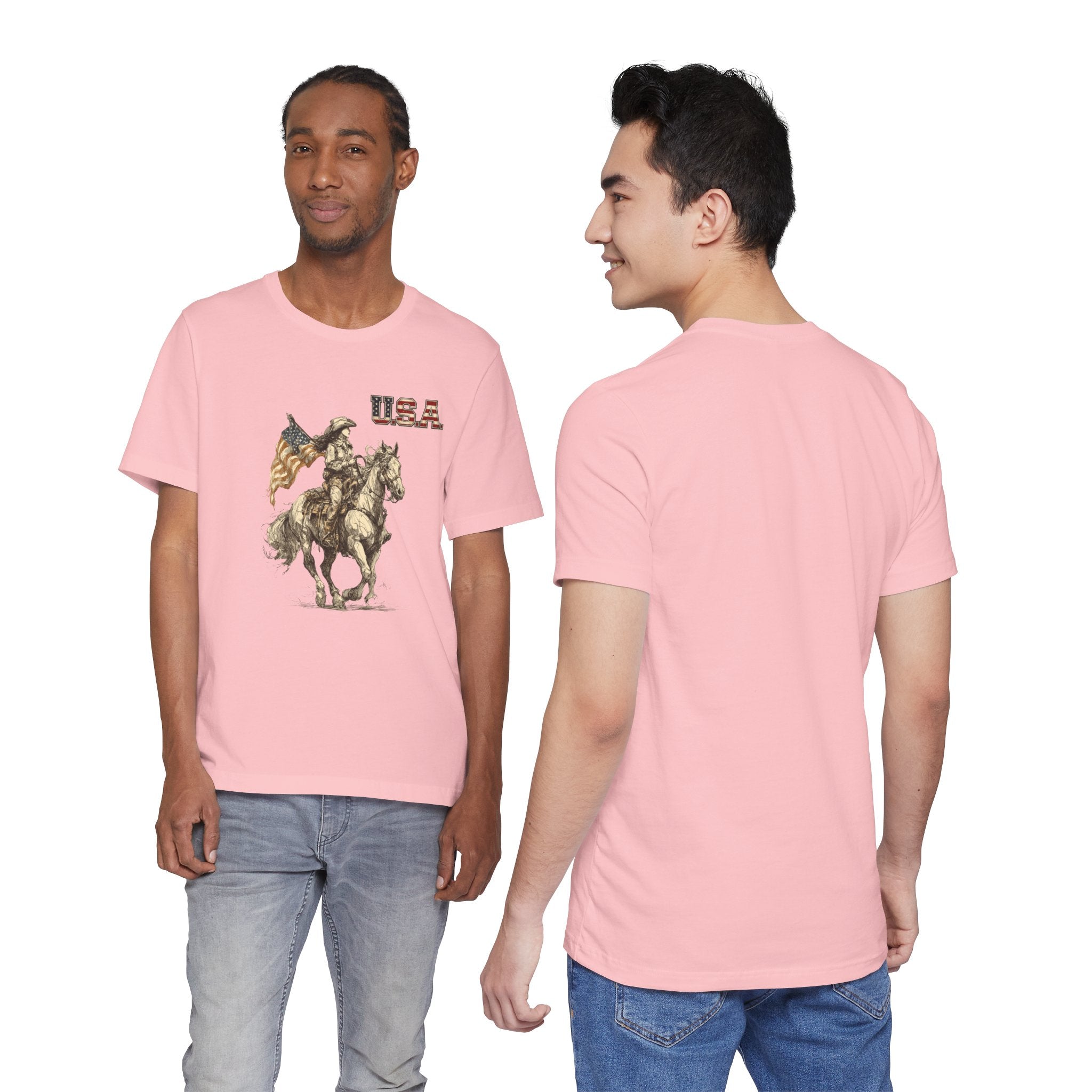 USA Flag & Cowgirl Rider T-Shirt | Patriotic Cowgirl on Horse Graphic Tee