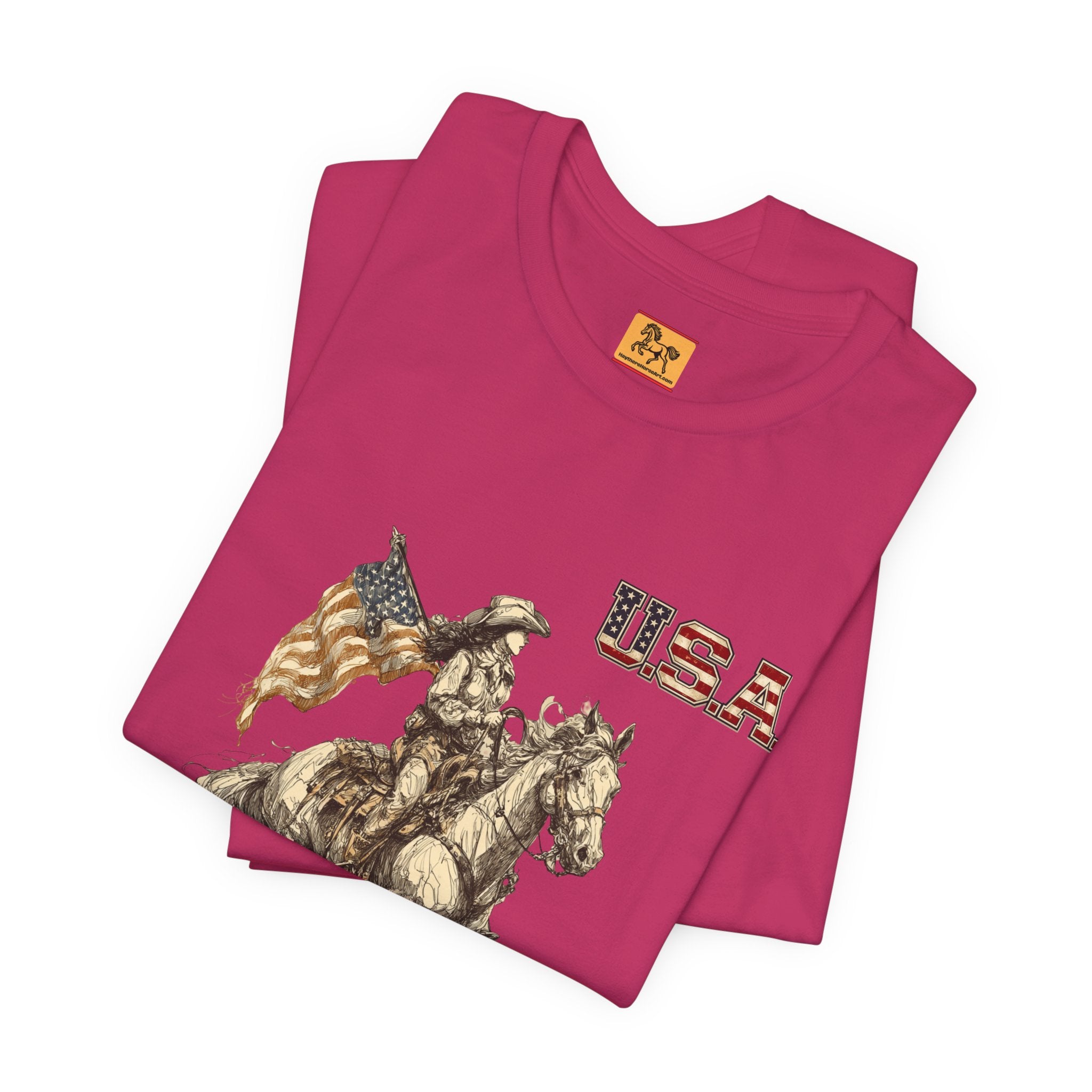 USA Flag & Cowgirl Rider T-Shirt | Patriotic Cowgirl on Horse Graphic Tee