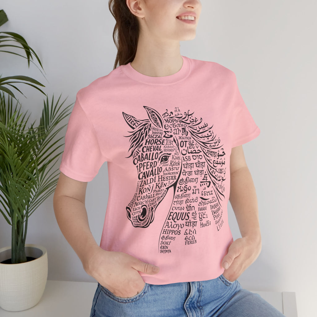 Horse design T Shirt created from the word horse in many languages Unique Horse Lover Gift Equestrian Art Tee