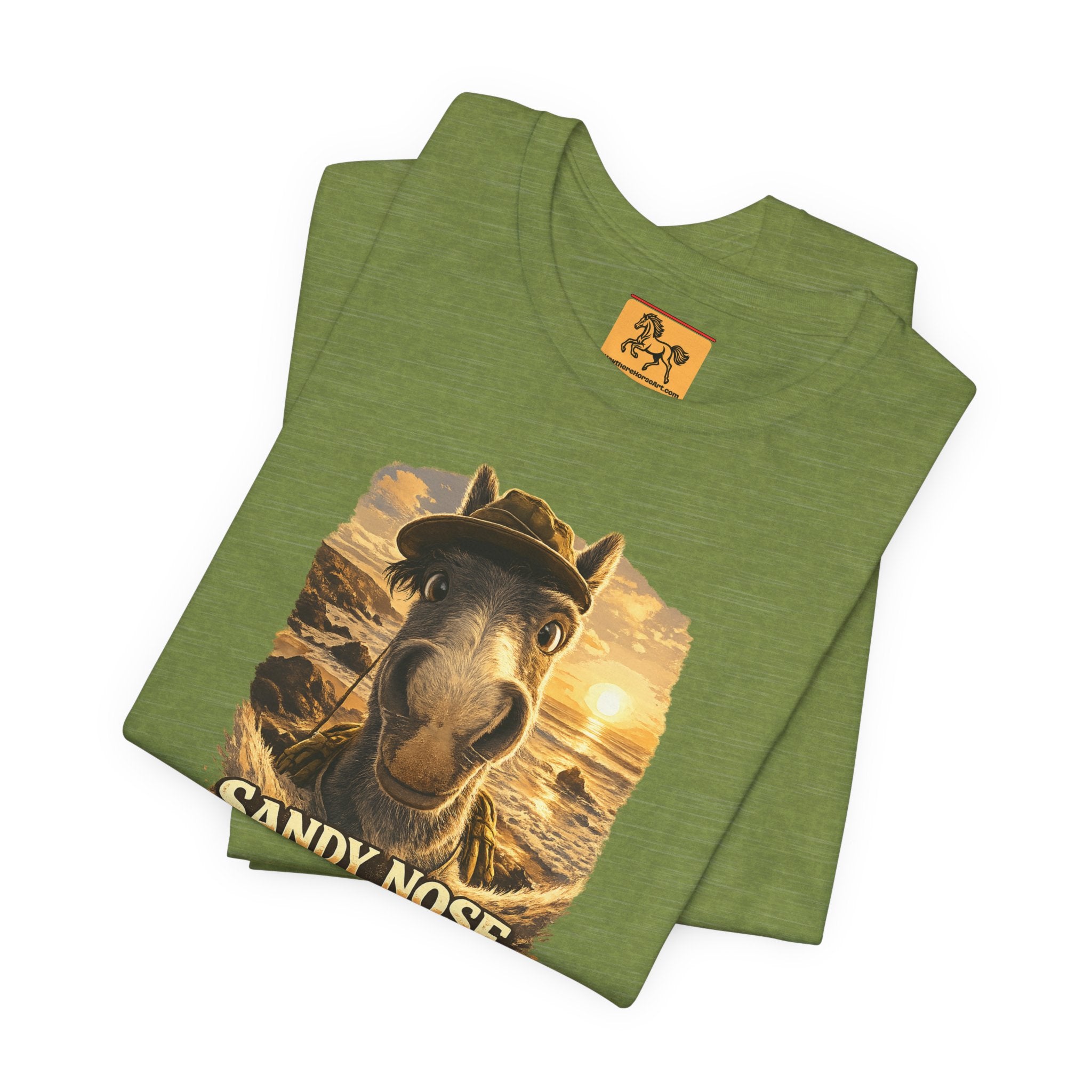 Sandy nose, don't care. A cheeky horse beach selfie tee for horse lovers who live for summer. Super soft Bella + Canvas 3001. Shop now at Hay There Horse Art.
