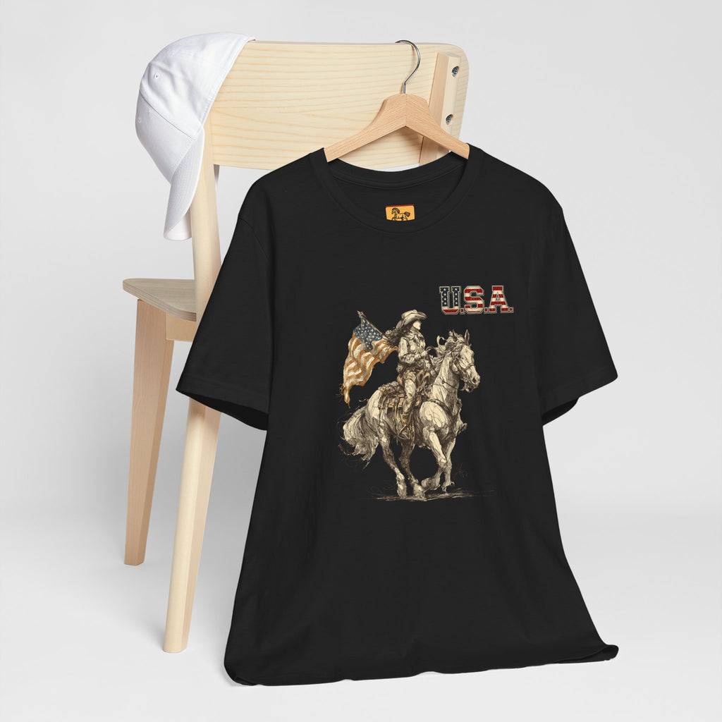 USA Flag & Cowgirl Rider T-Shirt | Patriotic Cowgirl on Horse Graphic Tee