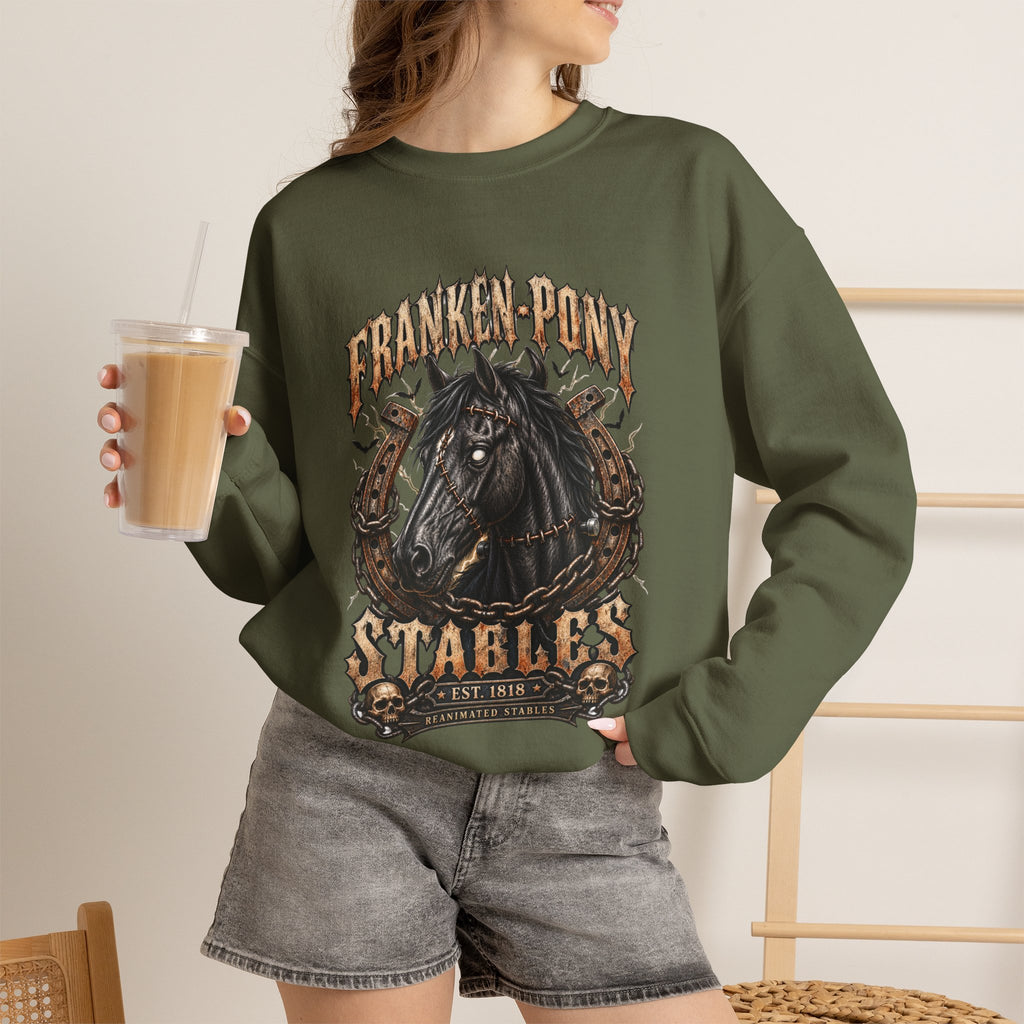 Franken-Pony Stables Est. 1818 Halloween Sweatshirt Gothic Horse Crest Crewneck