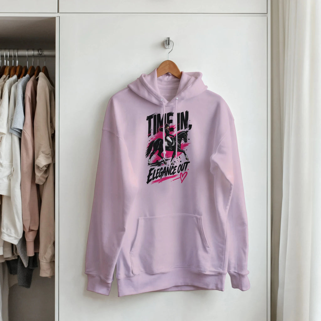 Light pink Time In, Elegance Out grunge dressage hoodie by Hay There Horse Art, view 7