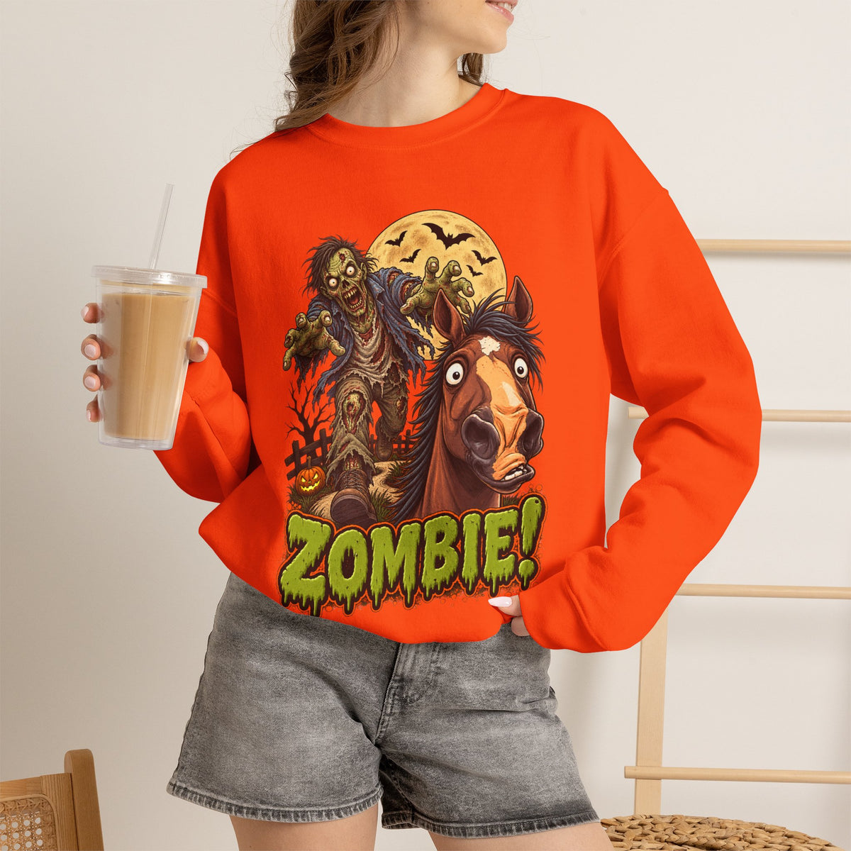 Zombie! Spooky Horse Halloween Sweatshirt Funny Haunted Pony Crewneck