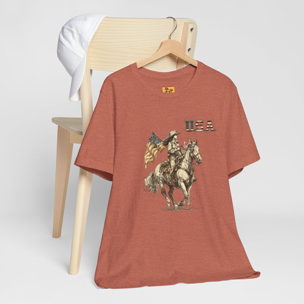 USA Flag & Cowgirl Rider T-Shirt | Patriotic Cowgirl on Horse Graphic Tee