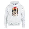 White retro sunset dressage hoodie with a black horse and rider in front of a striped sunset