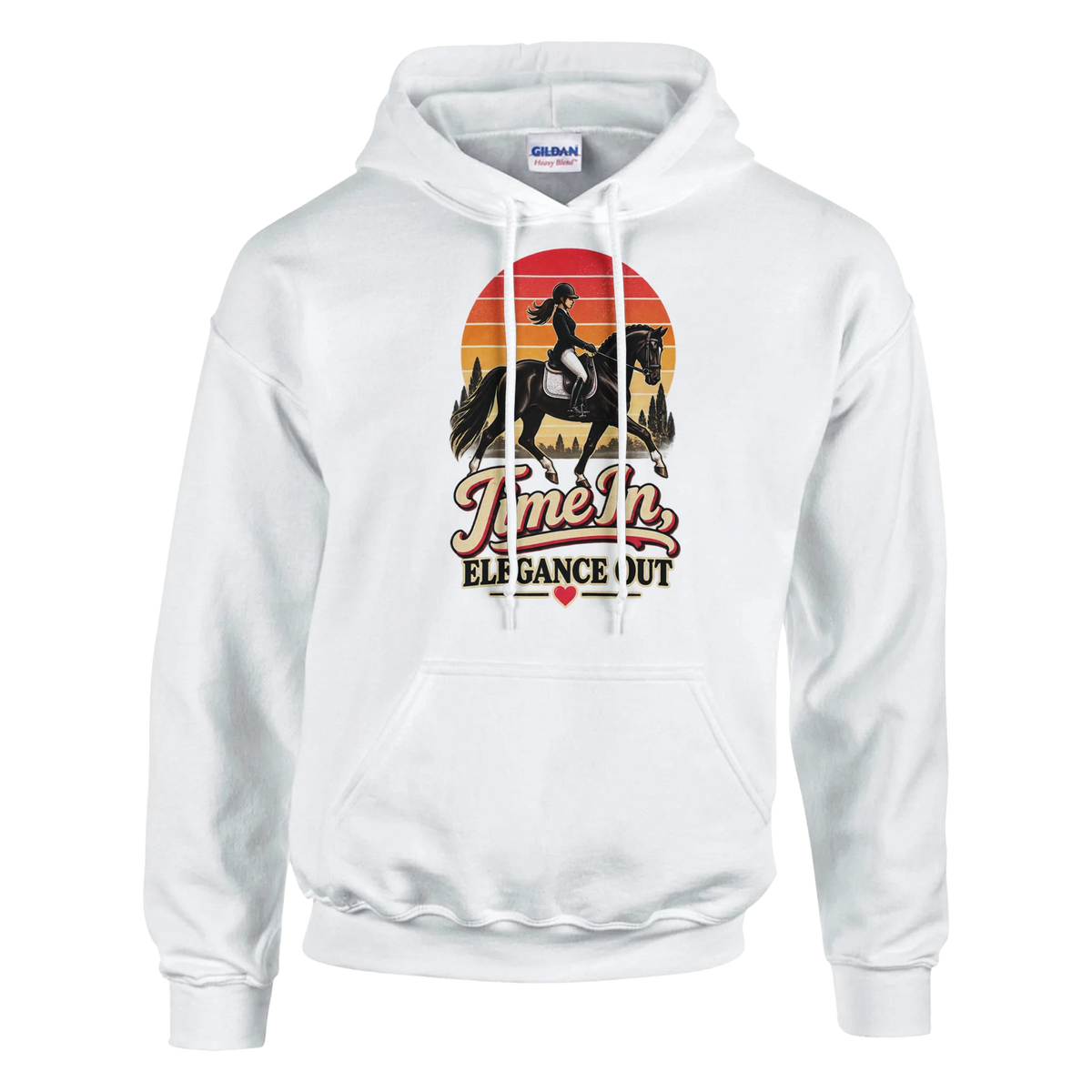 White retro sunset dressage hoodie with a black horse and rider in front of a striped sunset