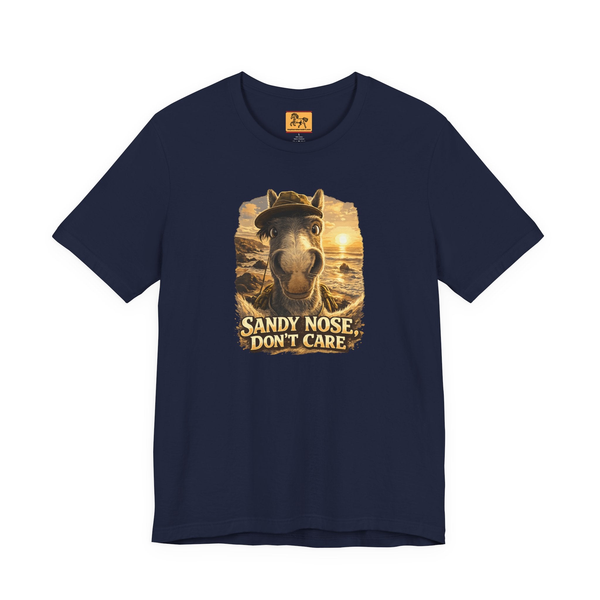 Sandy nose, don't care. A cheeky horse beach selfie tee for horse lovers who live for summer. Super soft Bella + Canvas 3001. Shop now at Hay There Horse Art.