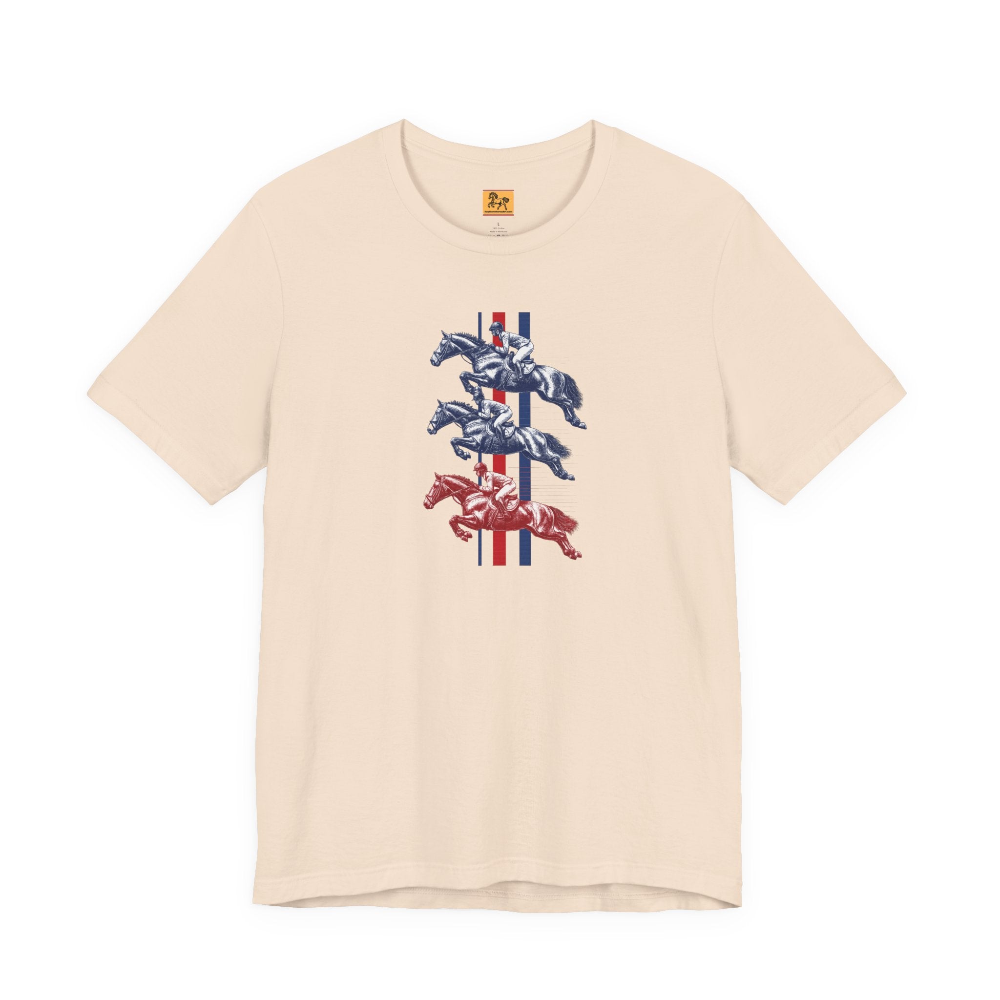 Vintage Show Jumping Horses T‑Shirt UK Red White Blue Equestrian Tee for Riders & Owners