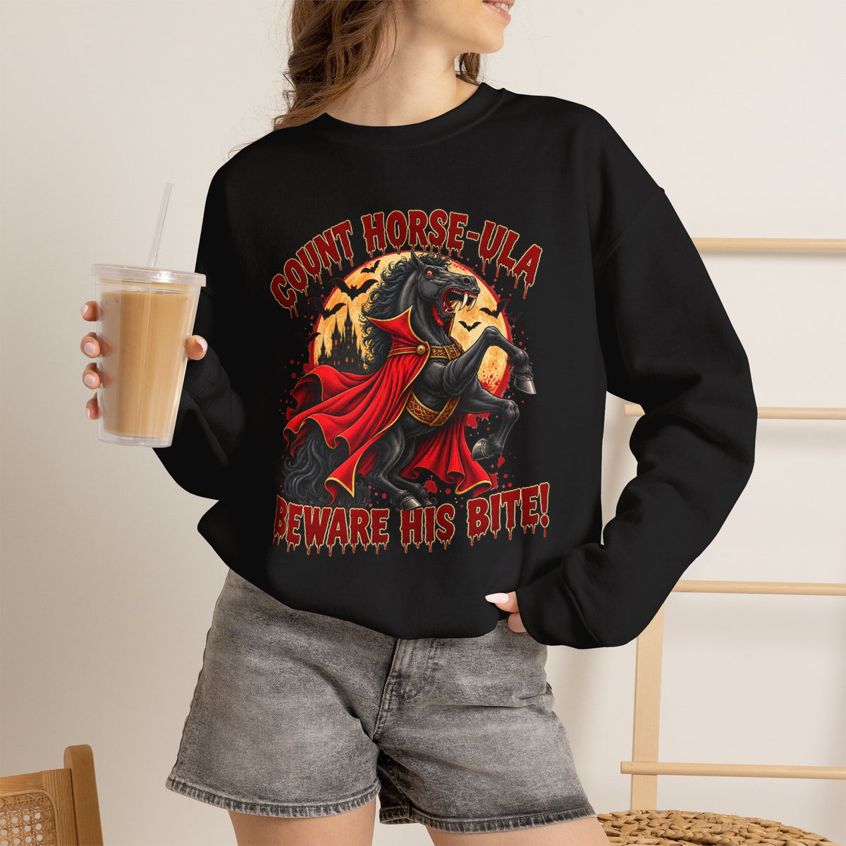 Count Horse-ula Halloween Sweatshirt Vampire Horse Crewneck, Beware His Bite