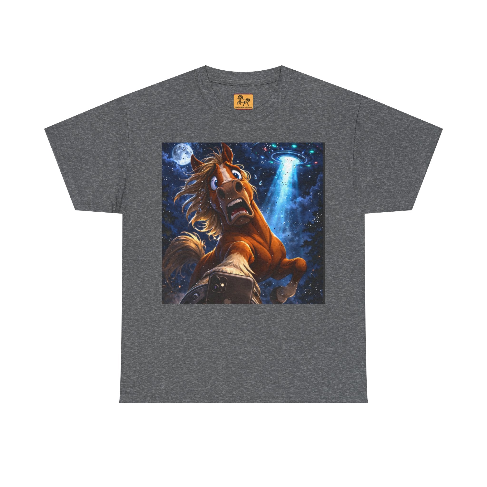 Grey t-shirt with a horse taking a selfie on a starry sky with a UFO in the  background with a graphic of a horse and a starry sky.