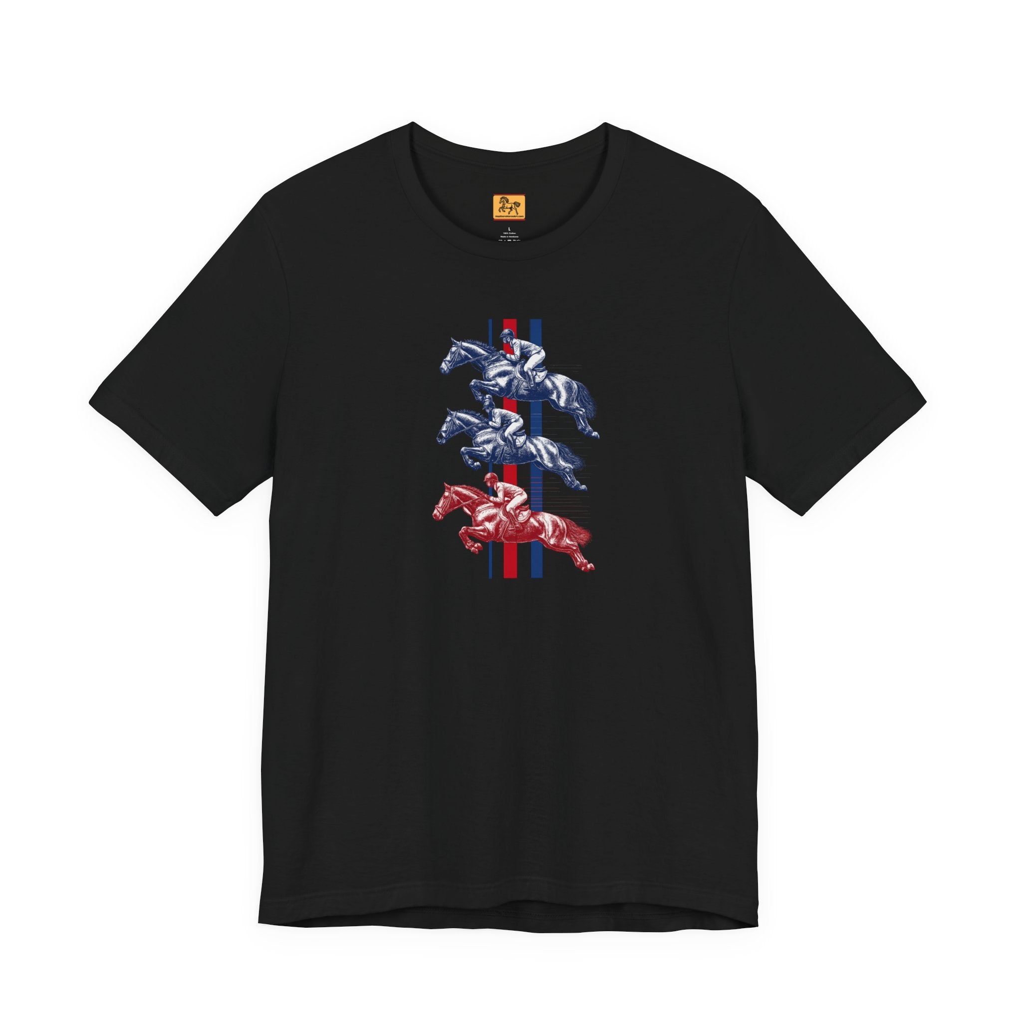 Vintage Show Jumping Horses T‑Shirt UK Red White Blue Equestrian Tee for Riders & Owners