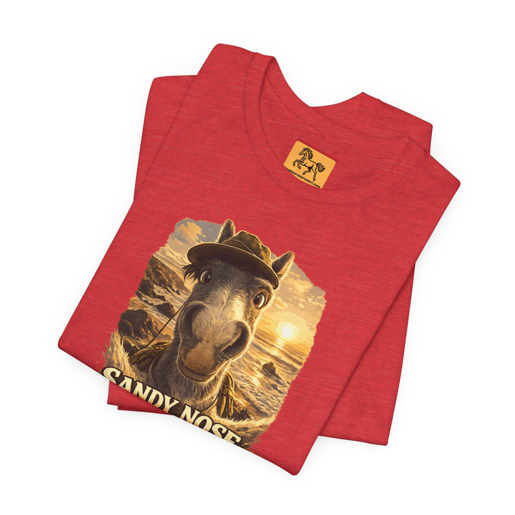 Sandy nose, don't care. A cheeky horse beach selfie tee for horse lovers who live for summer. Super soft Bella + Canvas 3001. Shop now at Hay There Horse Art.