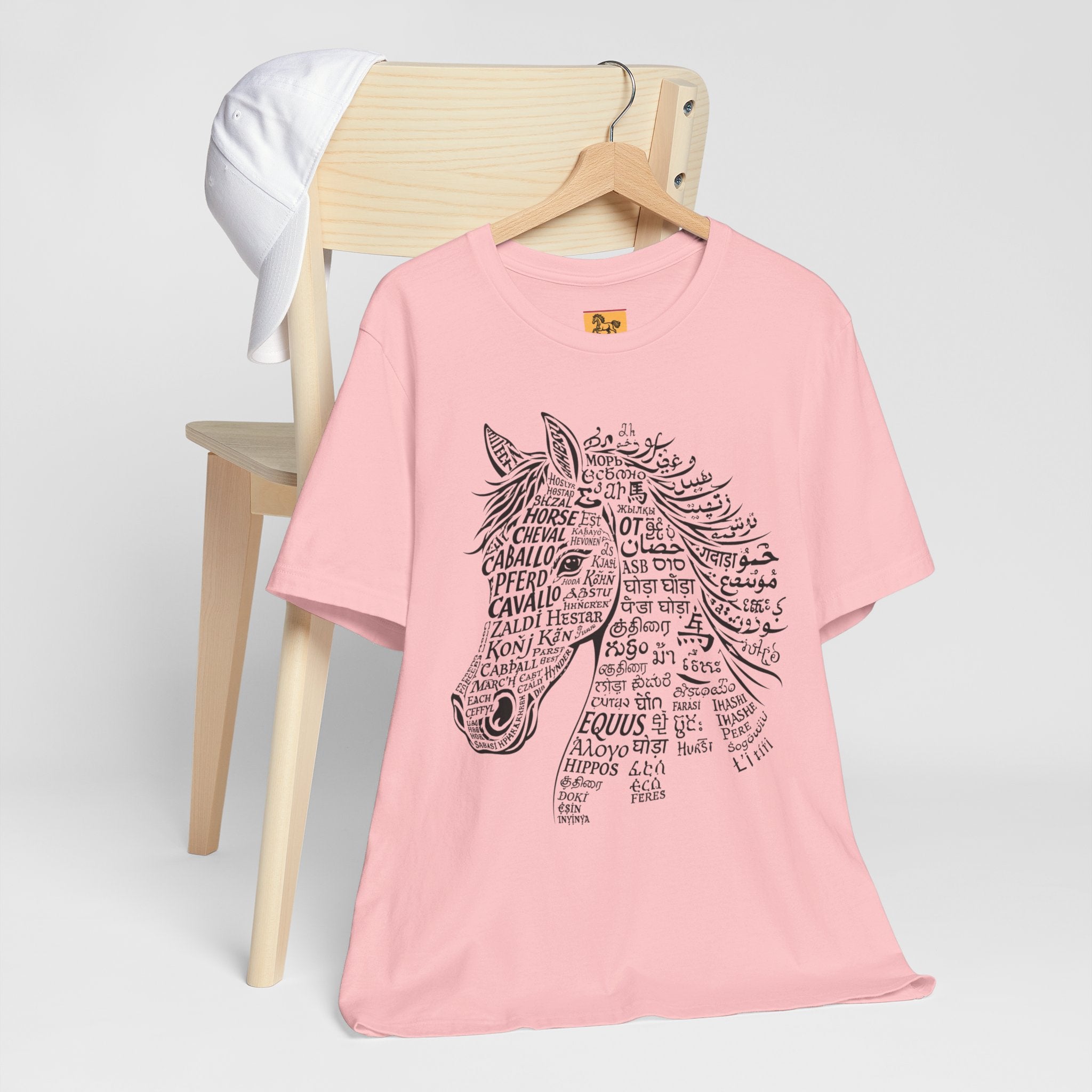 Horse design T Shirt created from the word horse in many languages Unique Horse Lover Gift Equestrian Art Tee
