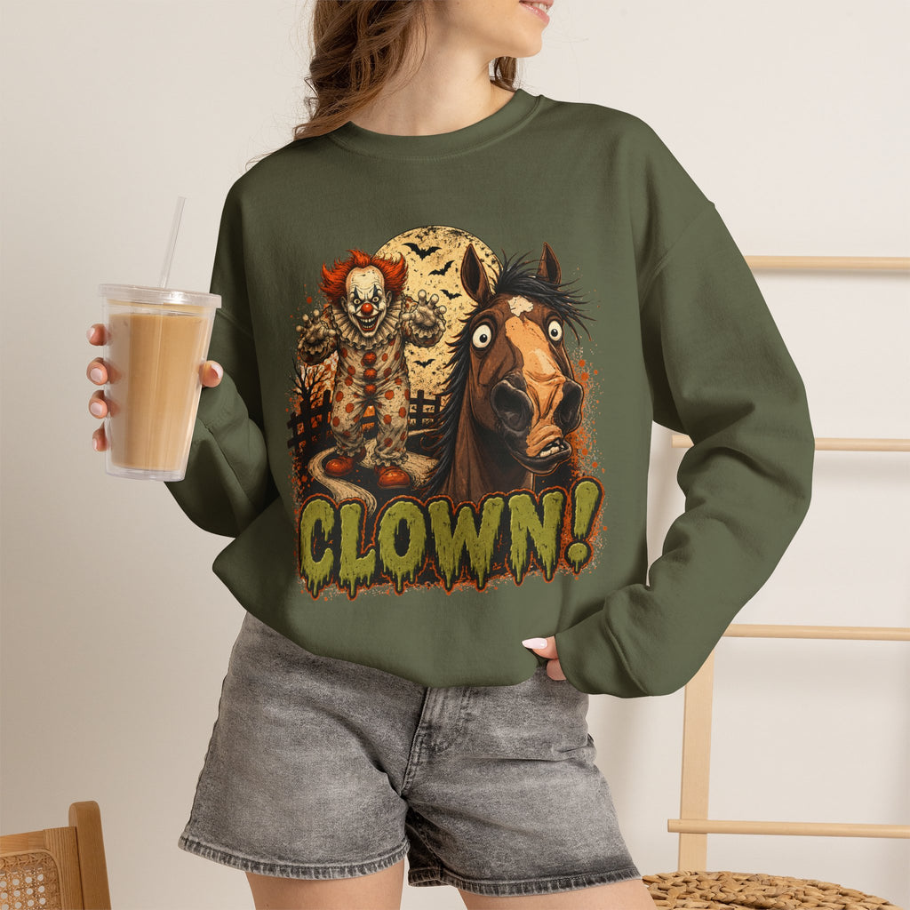 Clown! Creepy Carnival Horse Halloween Sweatshirt Funny Spooked Pony Crewneck