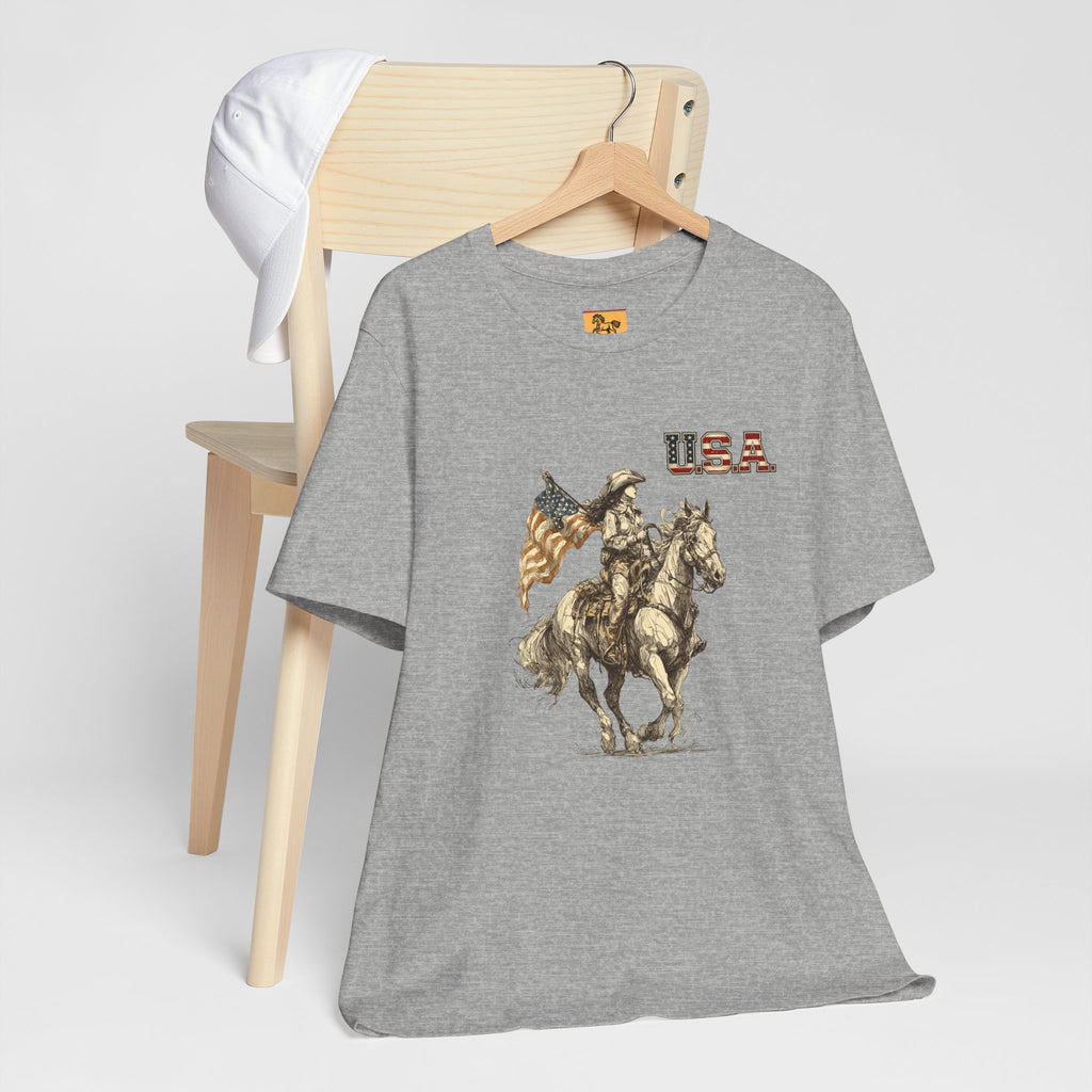 USA Flag & Cowgirl Rider T-Shirt | Patriotic Cowgirl on Horse Graphic Tee