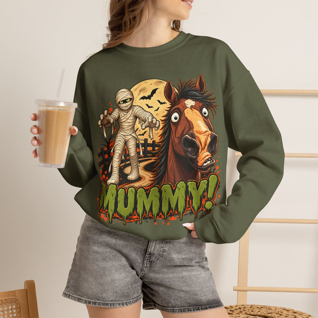 Mummy! Spooky Horse Halloween Sweatshirt Funny Haunted Pony Crewneck
