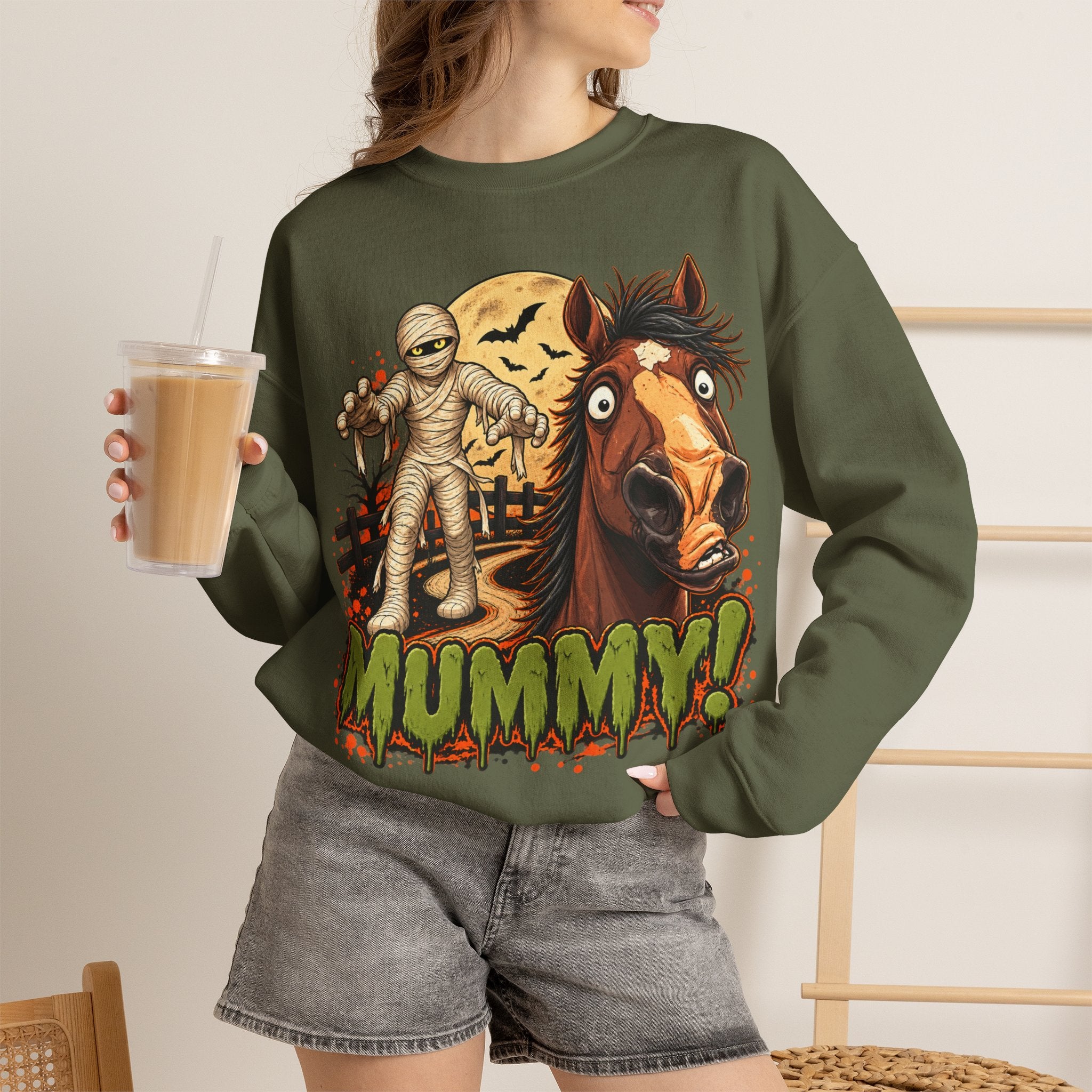 Mummy! Spooky Horse Halloween Sweatshirt Funny Haunted Pony Crewneck