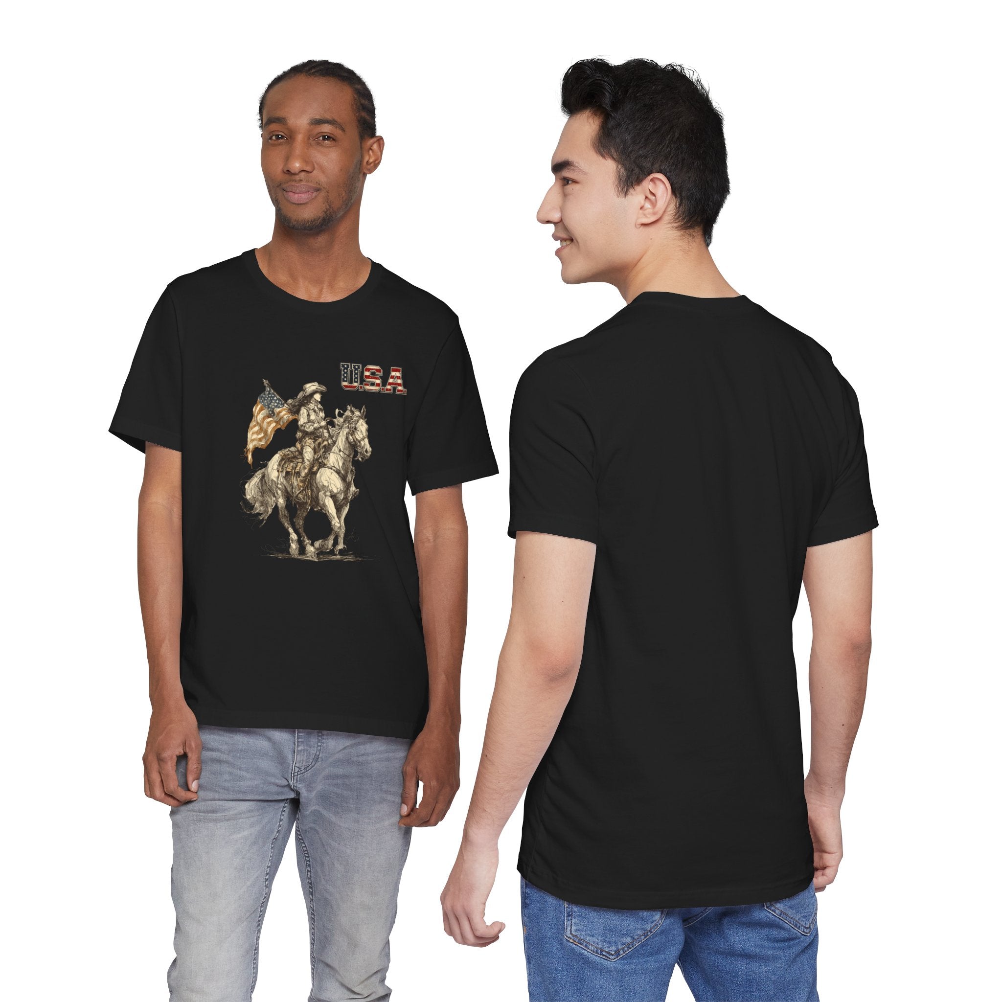 USA Flag & Cowgirl Rider T-Shirt | Patriotic Cowgirl on Horse Graphic Tee