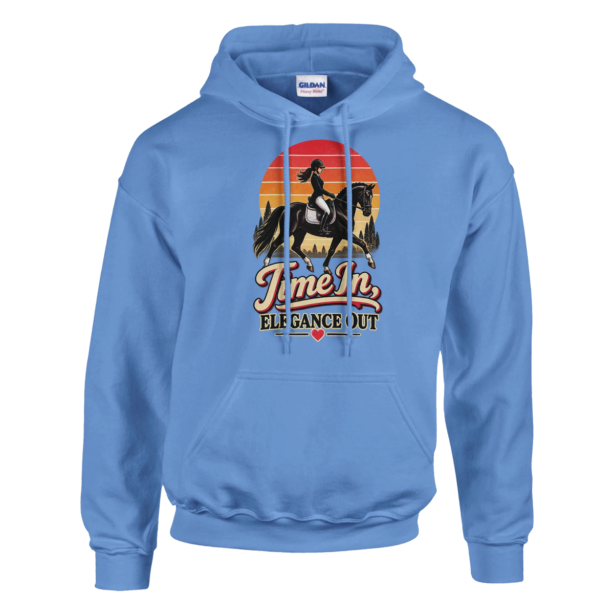 Carolina Blue equestrian hoodie with a retro sunset dressage rider and red heart