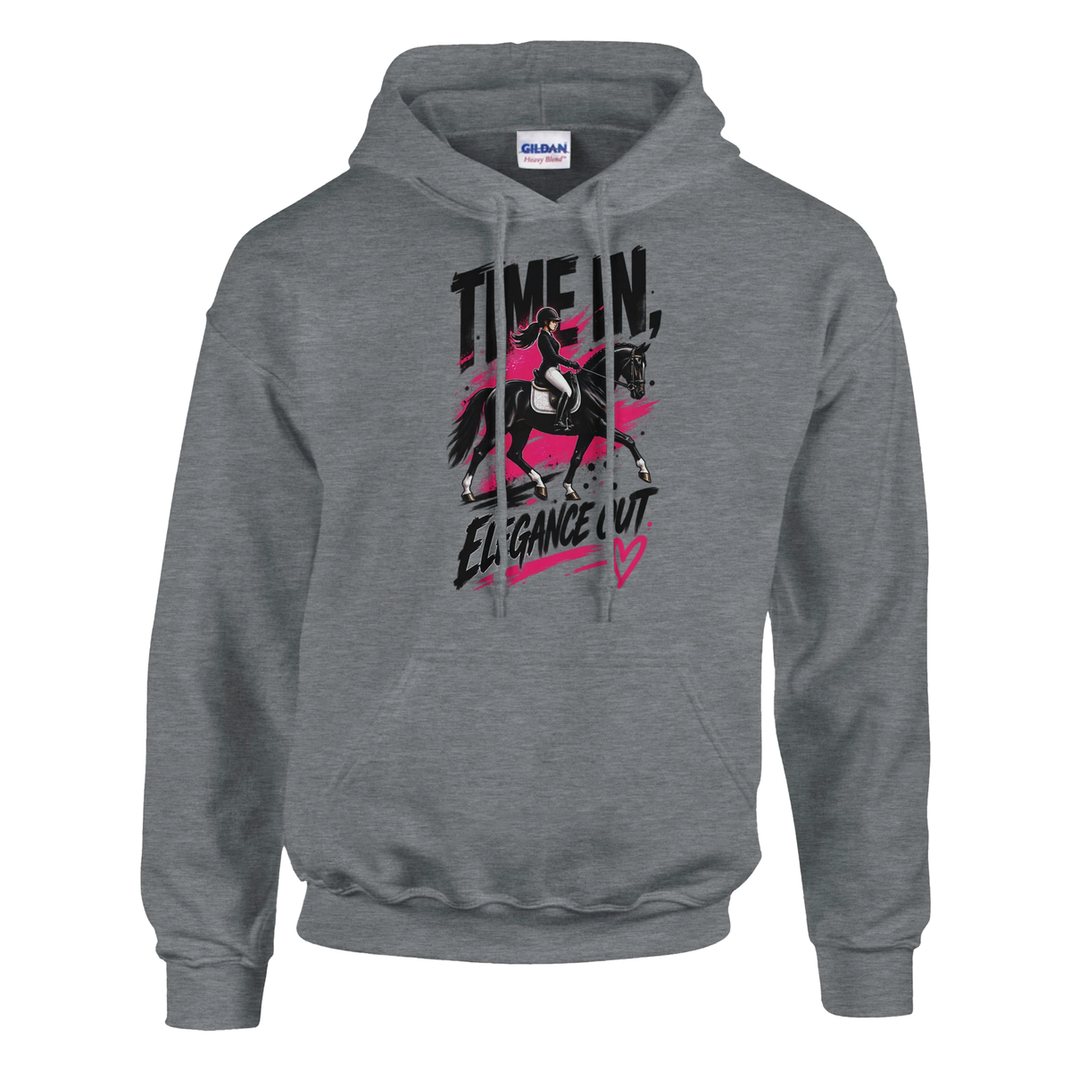 Sport Grey Time In, Elegance Out hoodie with a black horse and pink and black graffiti lettering