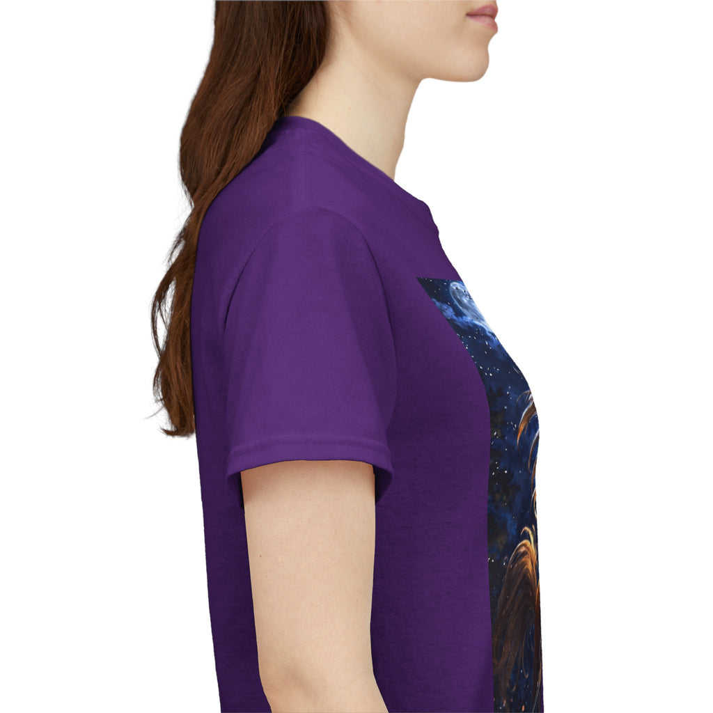 Model wearing a funny T shirt with a Horse UFO selfie design on the front demonstrating the sleeve length.
