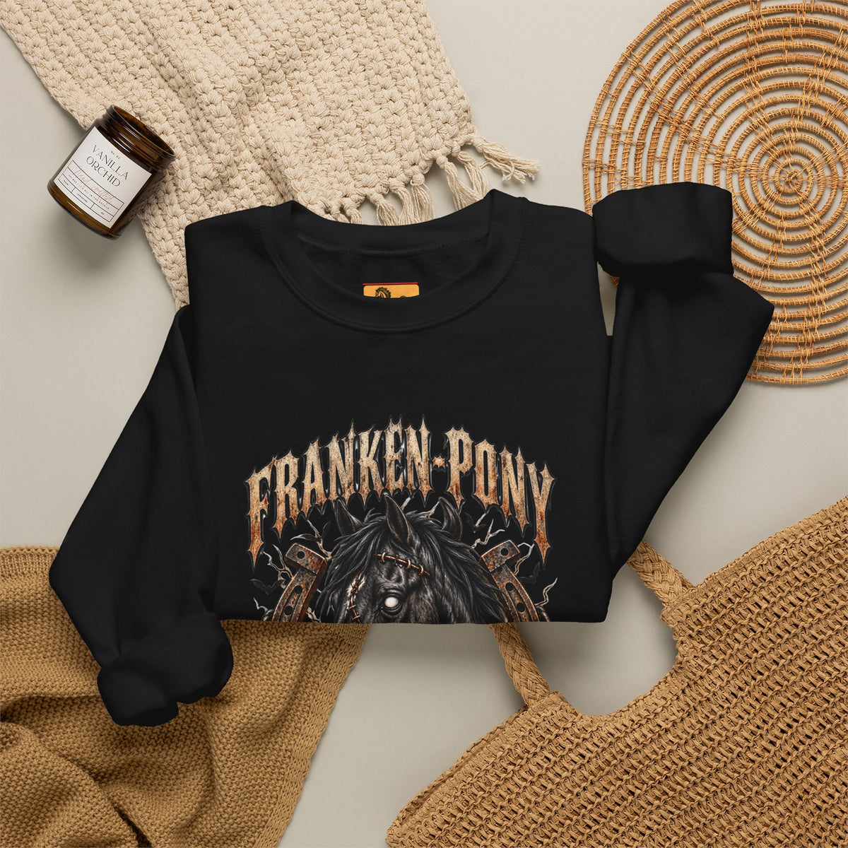 Franken-Pony Stables Est. 1818 Halloween Sweatshirt Gothic Horse Crest Crewneck